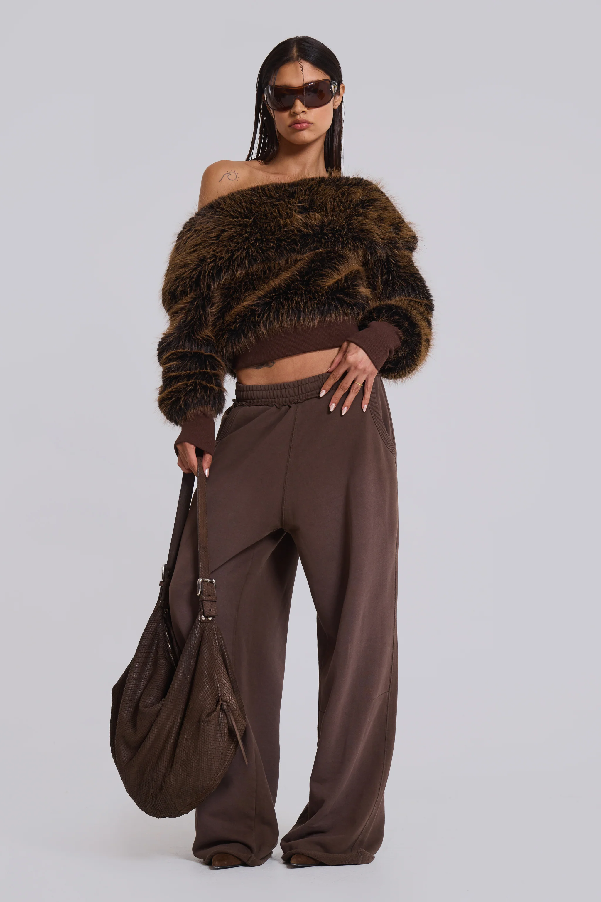 316 Off The Shoulder Fur Jumper in Brown - Image 11