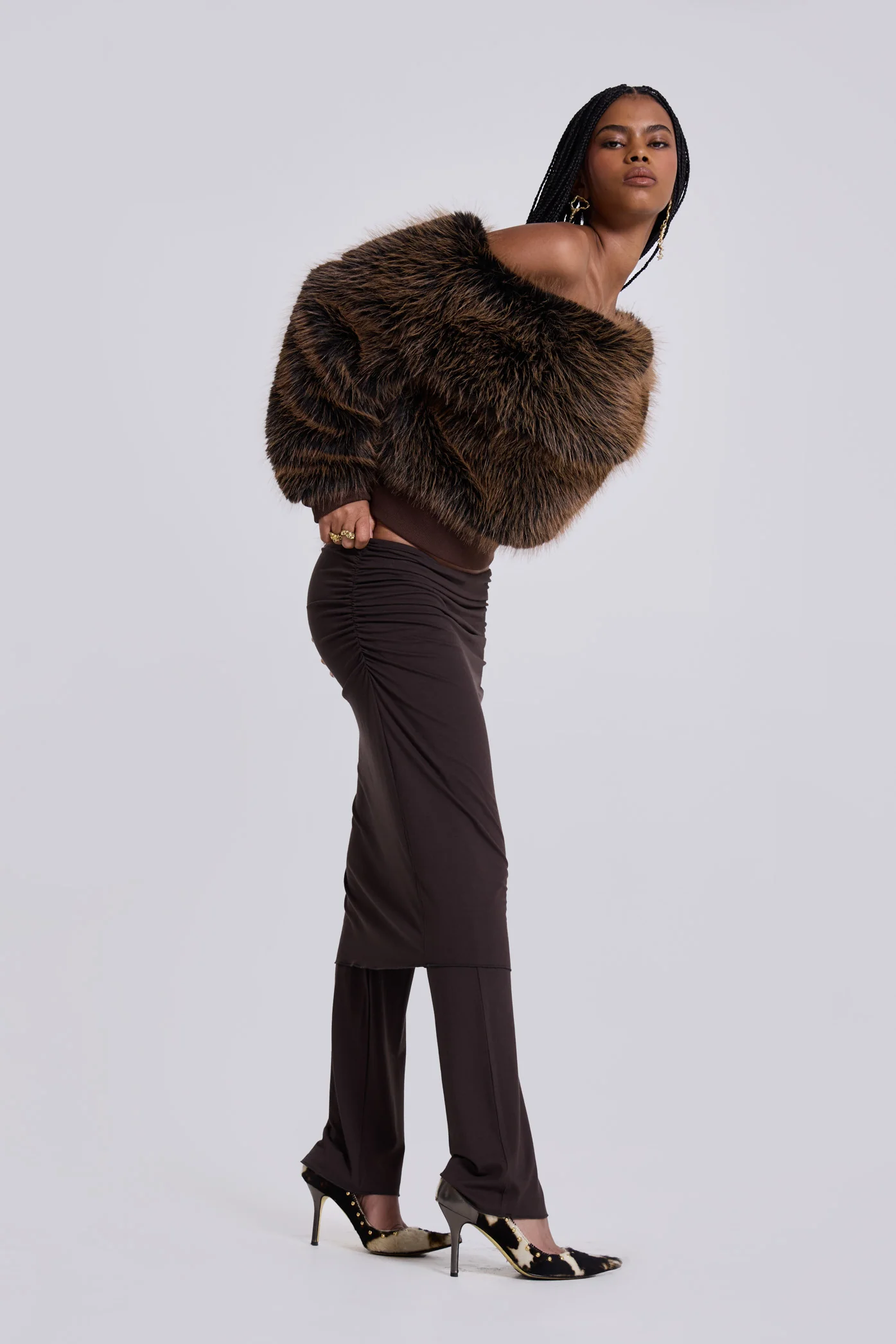 316 Off The Shoulder Fur Jumper in Brown - Image 4
