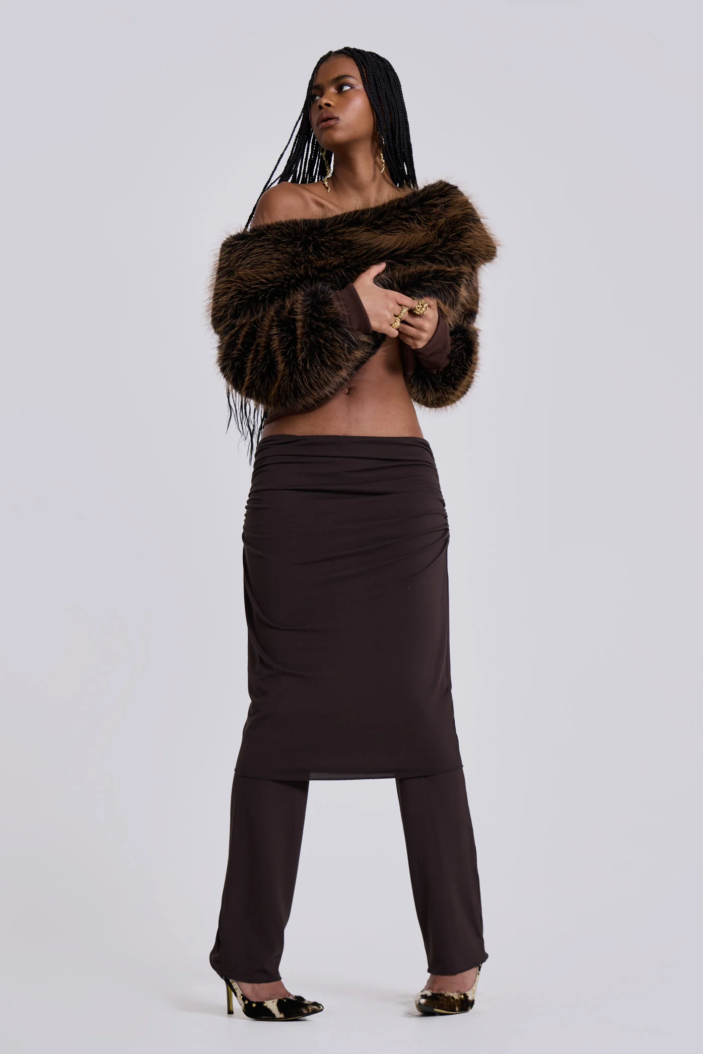 316 Off The Shoulder Fur Jumper in Brown - Image 5