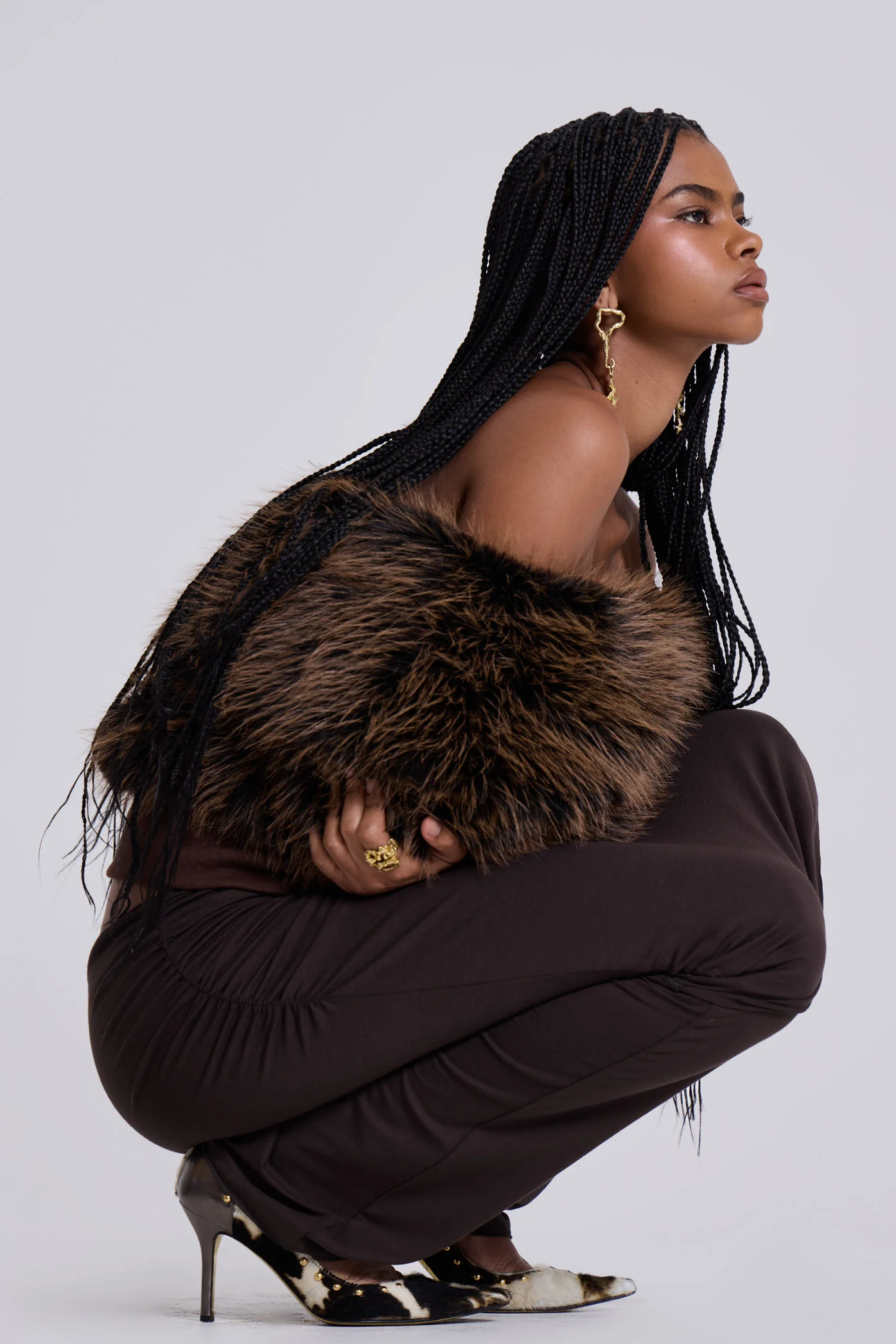316 Off The Shoulder Fur Jumper in Brown - Image 7