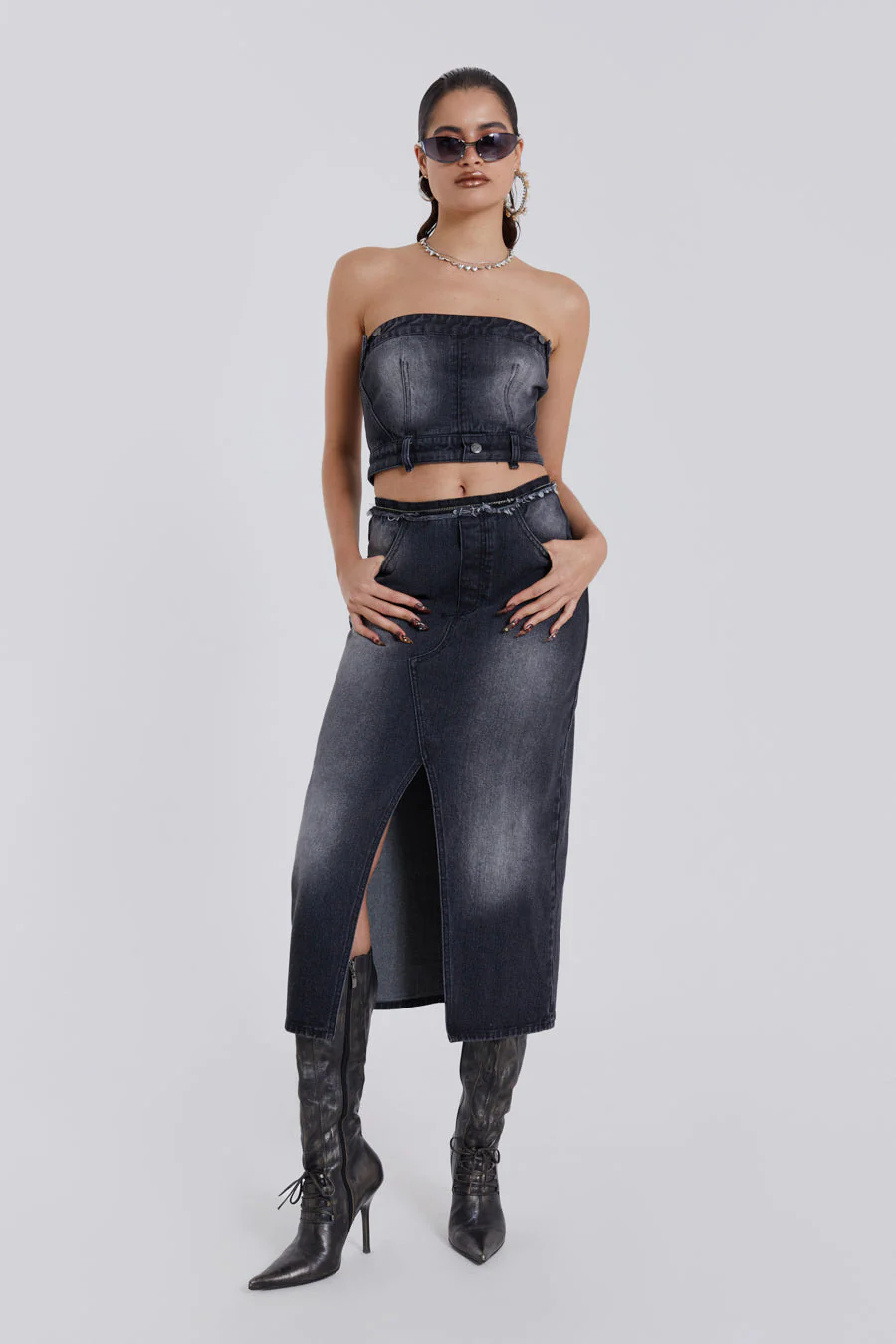 Liberty 2 In 1 Detachable Denim Black Midi Dress - Image 5