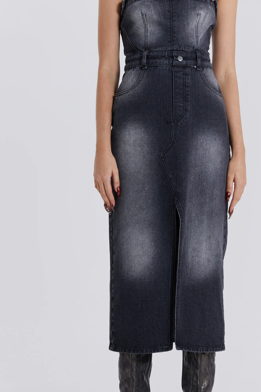Liberty 2 In 1 Detachable Denim Black Midi Dress - Image 8