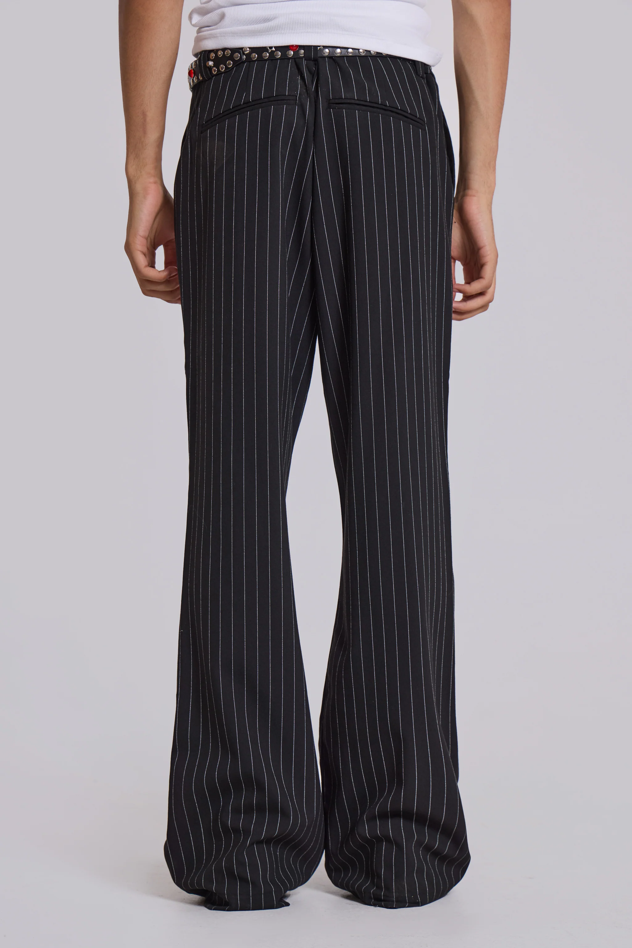 Black Pinstripe Stacked Bootcut Suit Pants - Image 4
