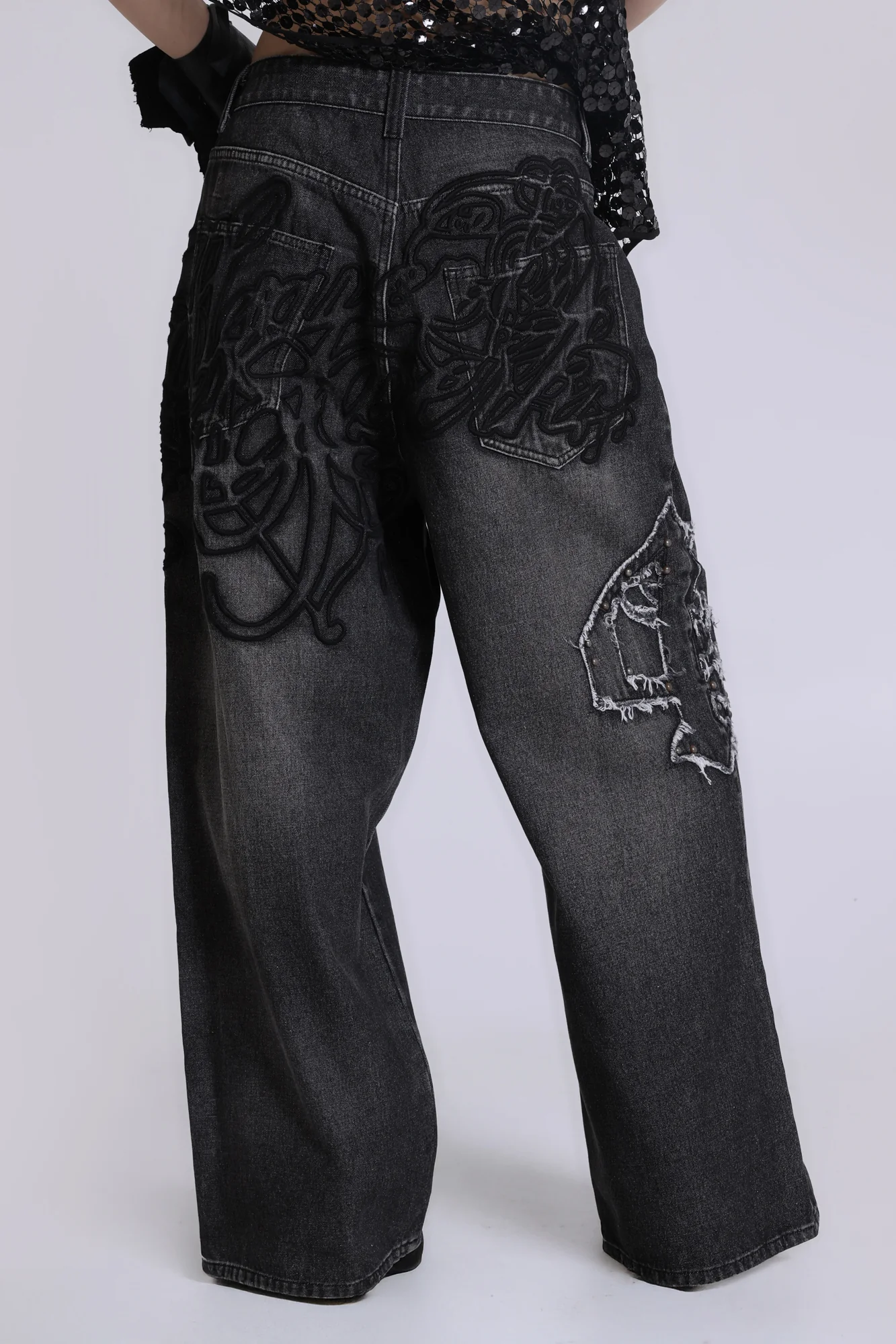 Black Raised Embroidery XL Colossus Jeans - Image 2