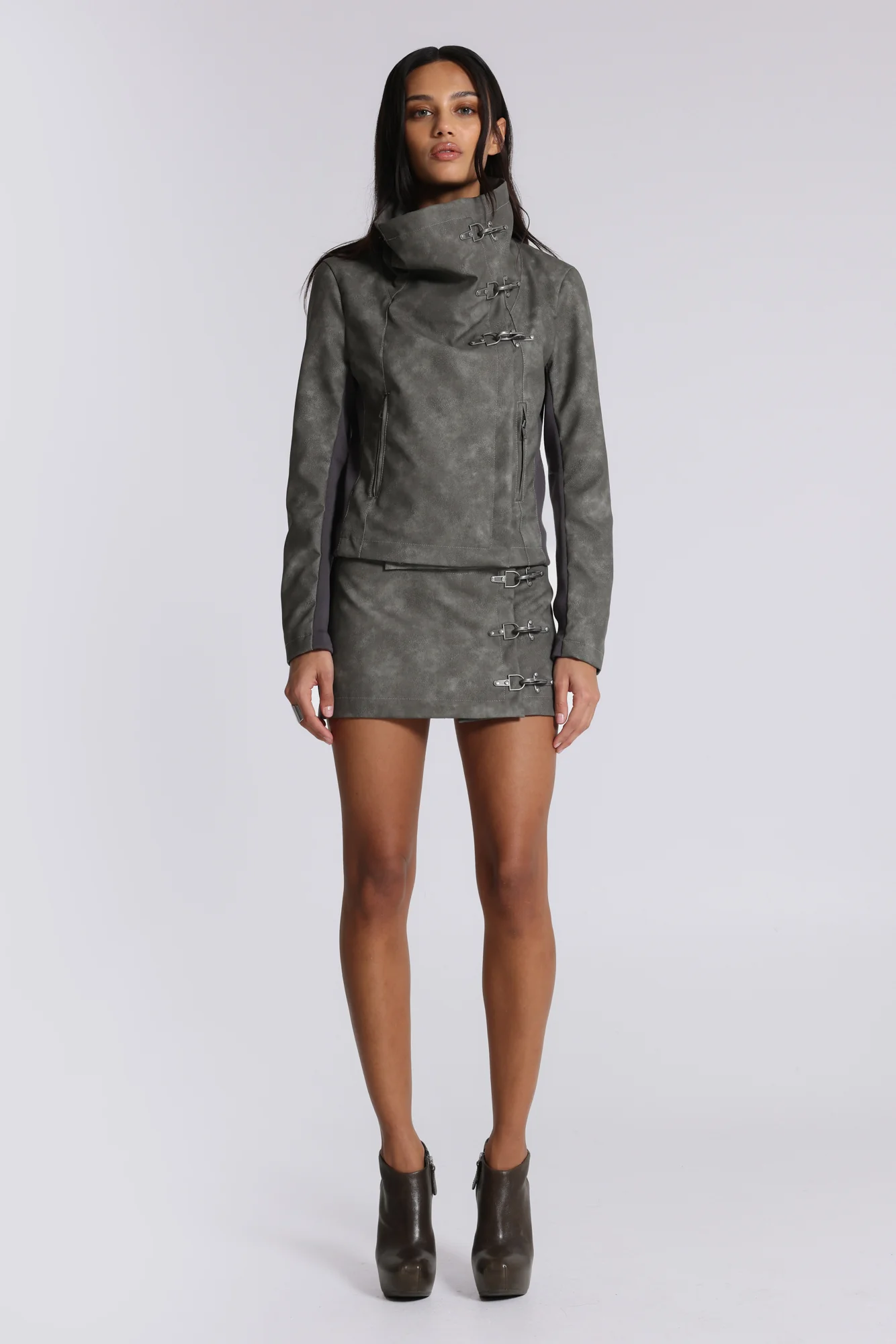 Cera Clasp PU Leather Funnel Jacket - Image 11