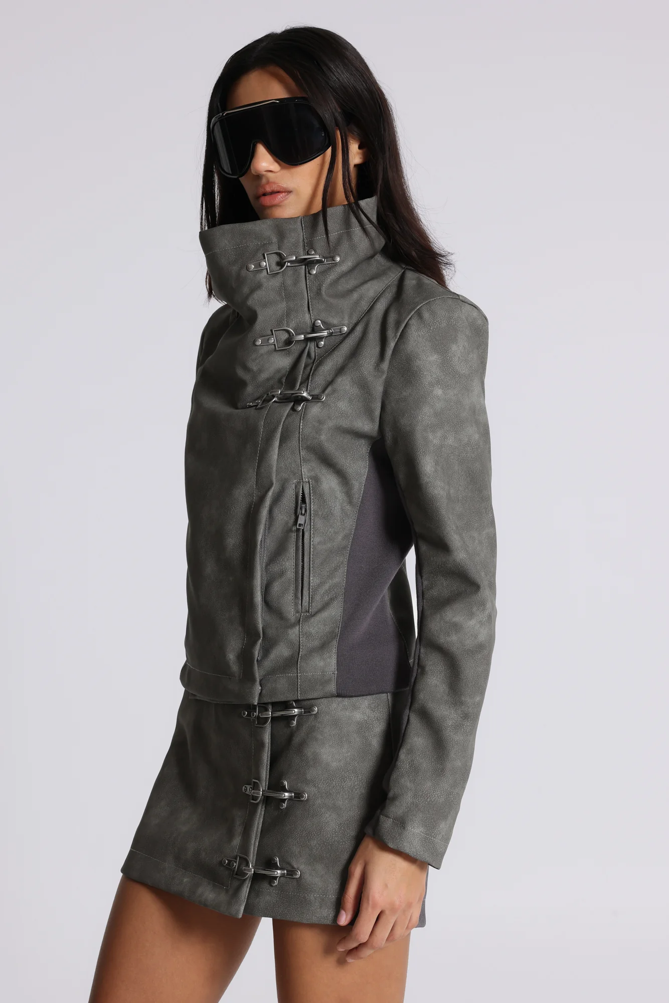 Cera Clasp PU Leather Funnel Jacket - Image 8