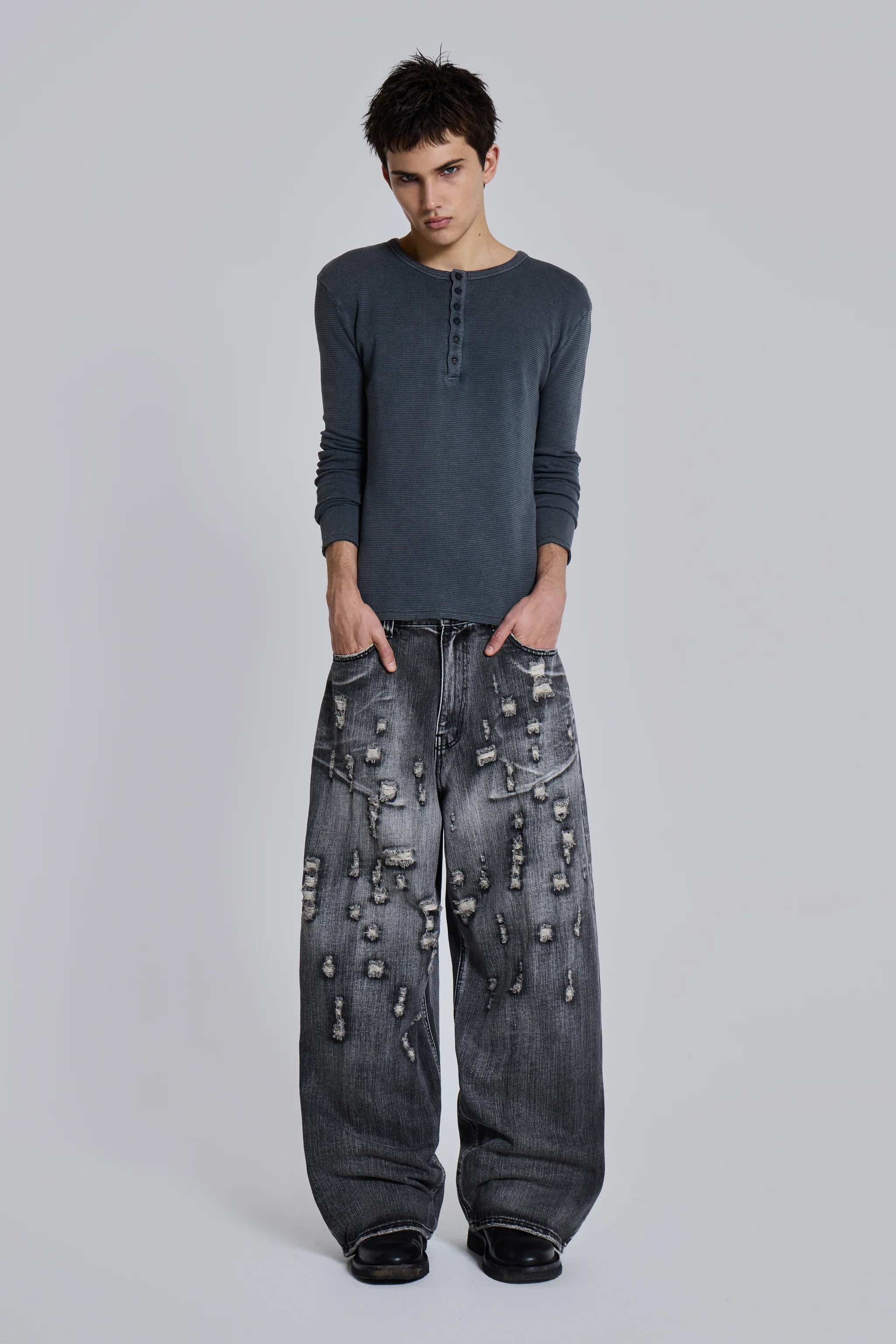 Charcoal Waffle Henley Top - Image 11