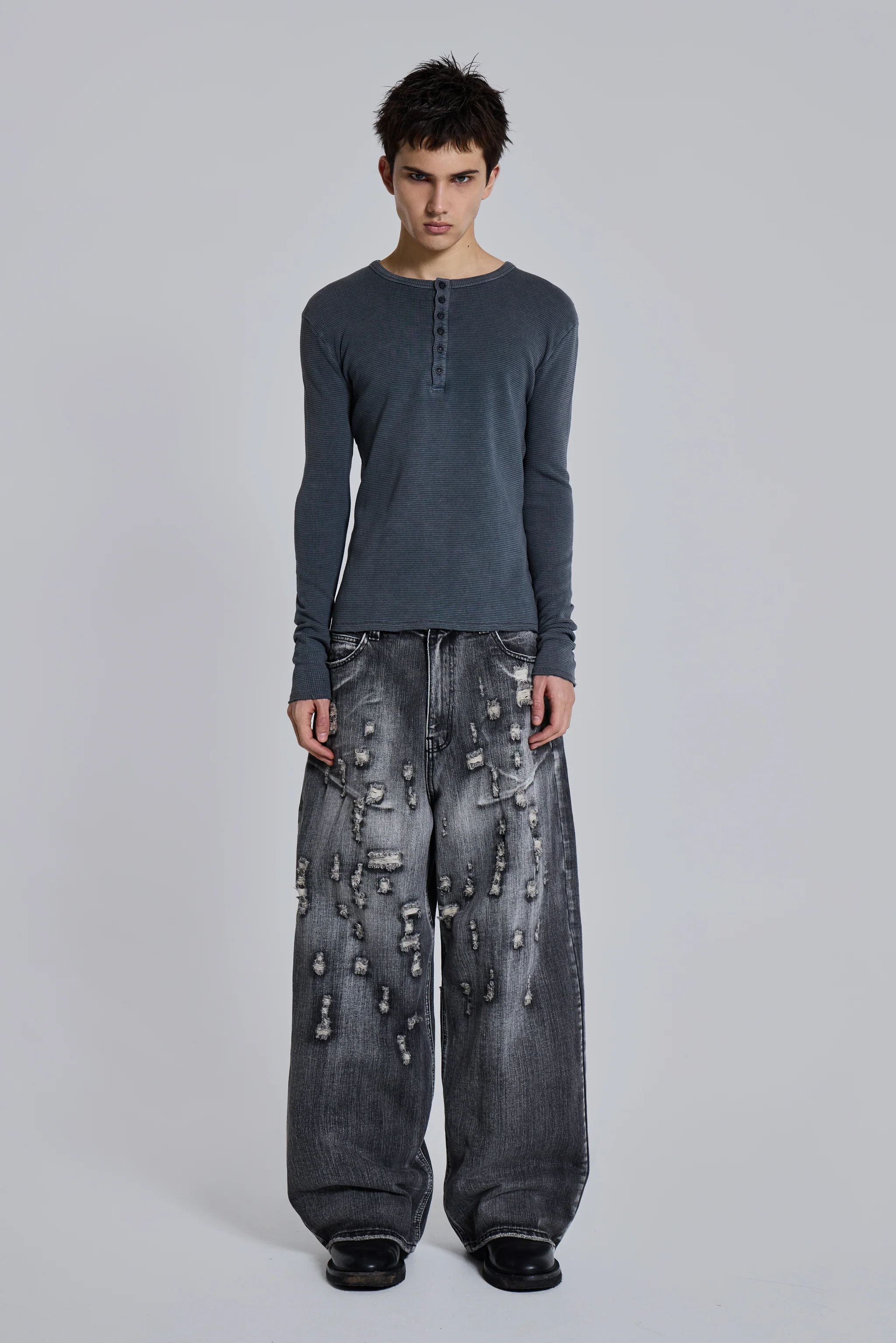 Charcoal Waffle Henley Top - Image 3