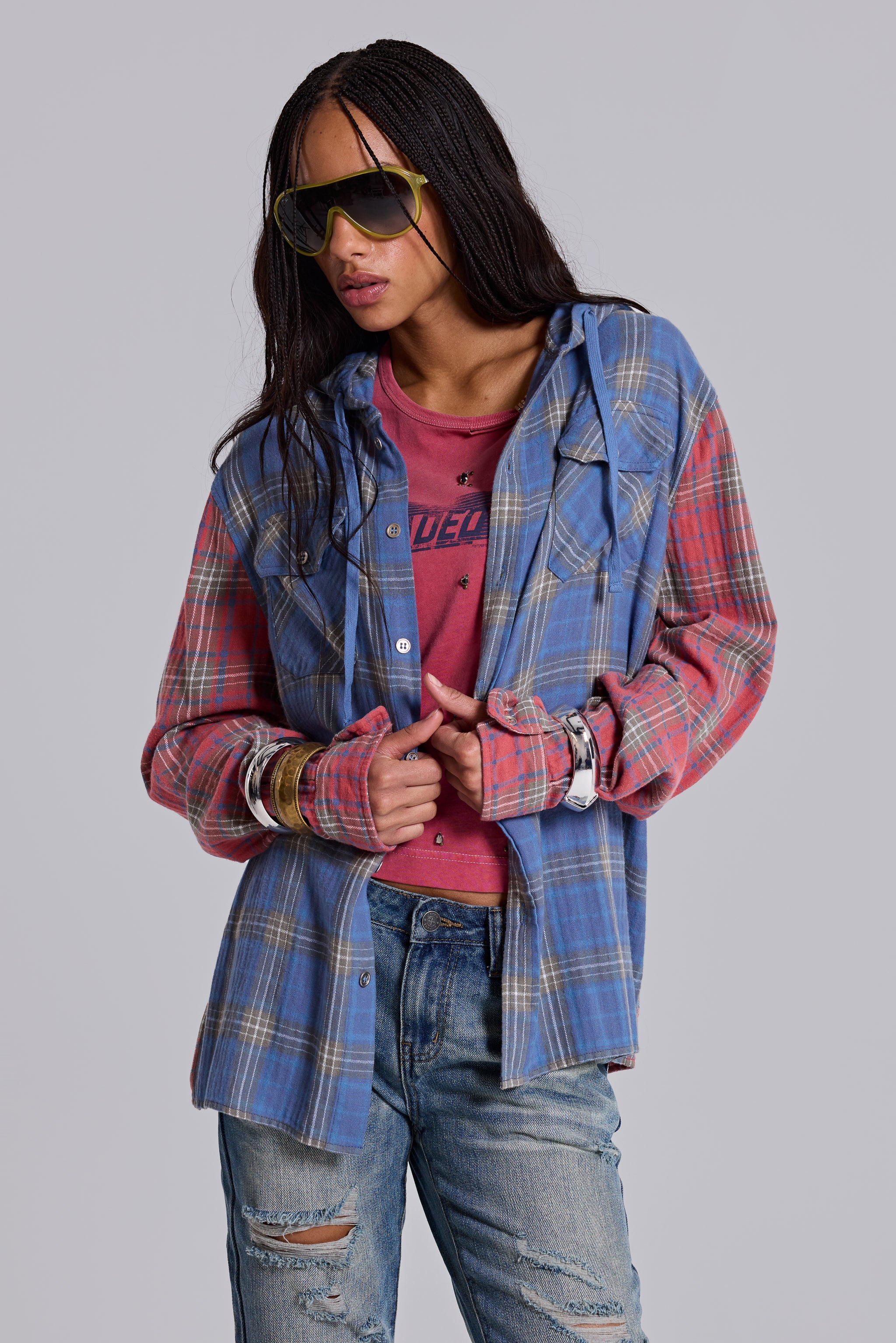 Checked Button-Up Hooded Shirt - Image 6