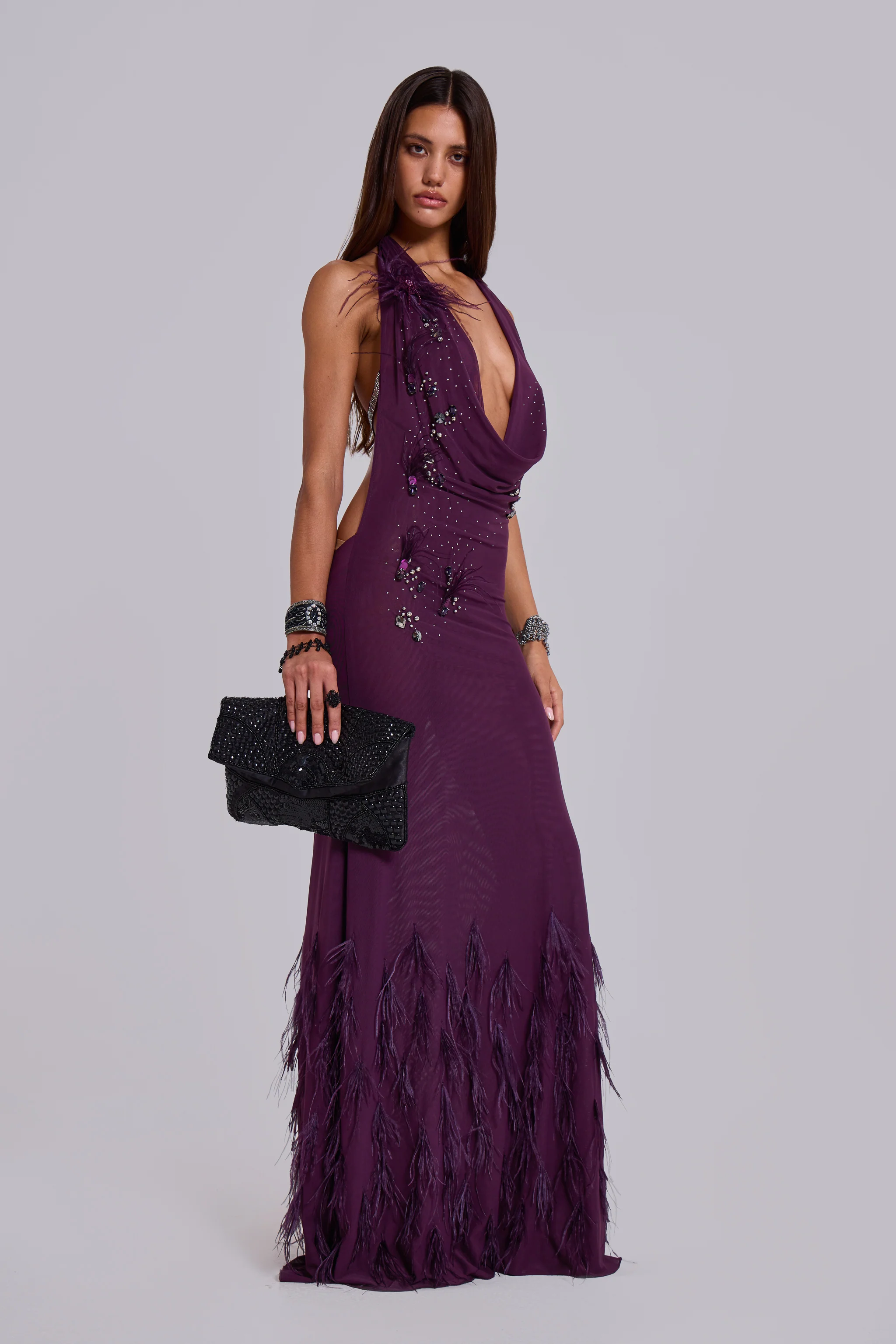 Ember Embellished Plunge Maxi Dress with Real Feather - Image 8