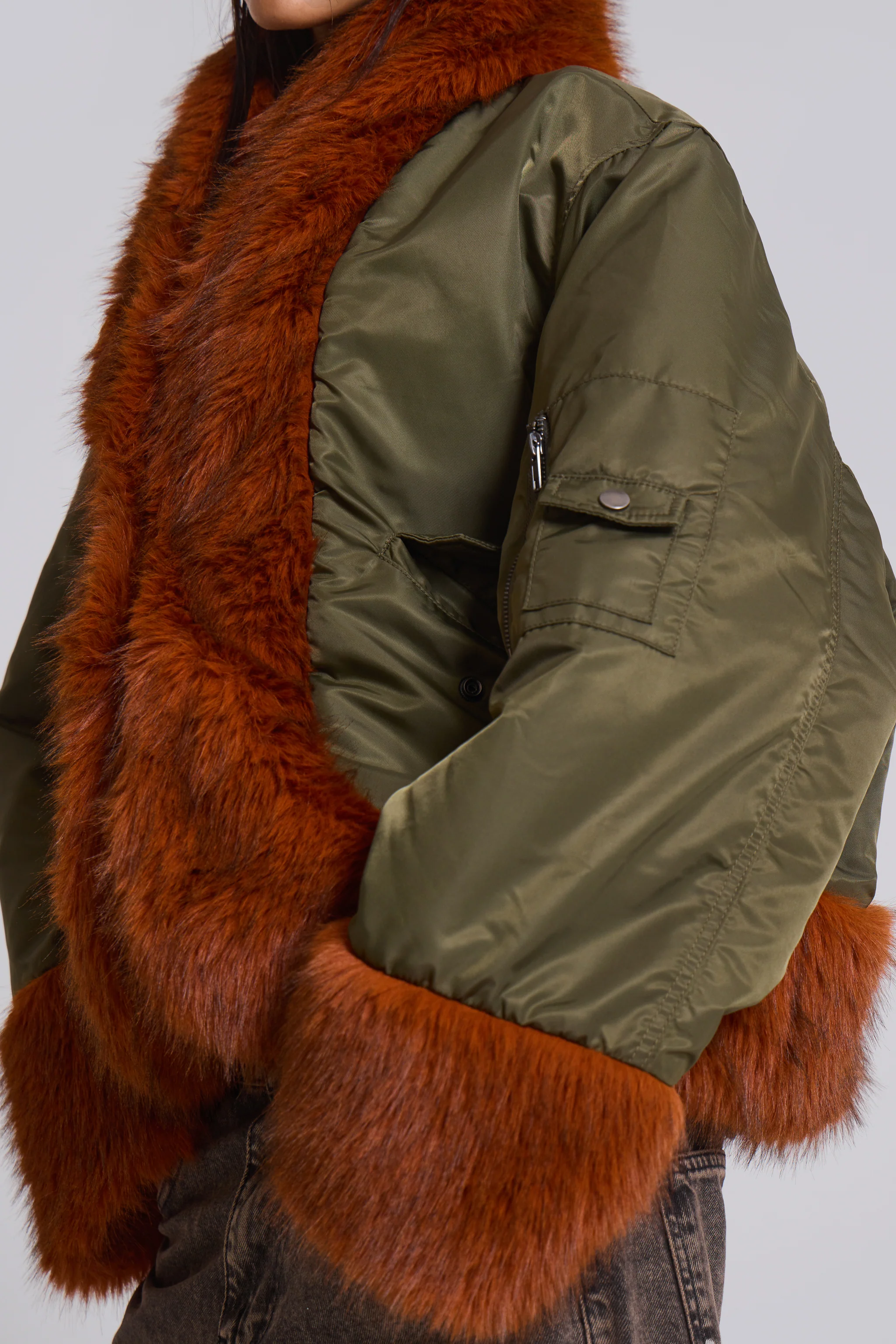 Evren Faux Fur Bomber Jacket in Khaki - Image 6