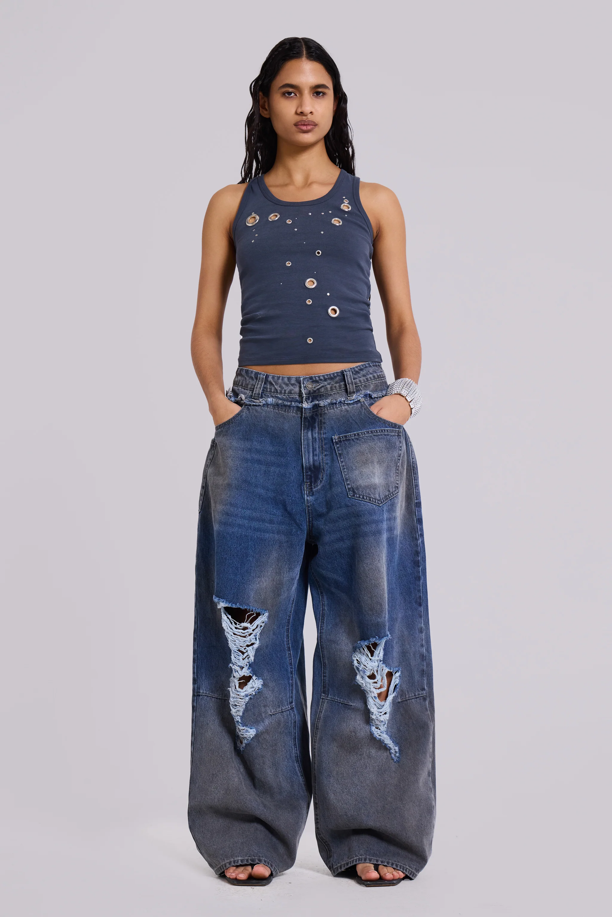 Eye Contact Vest Top With Eyelets in Grey - Image 4