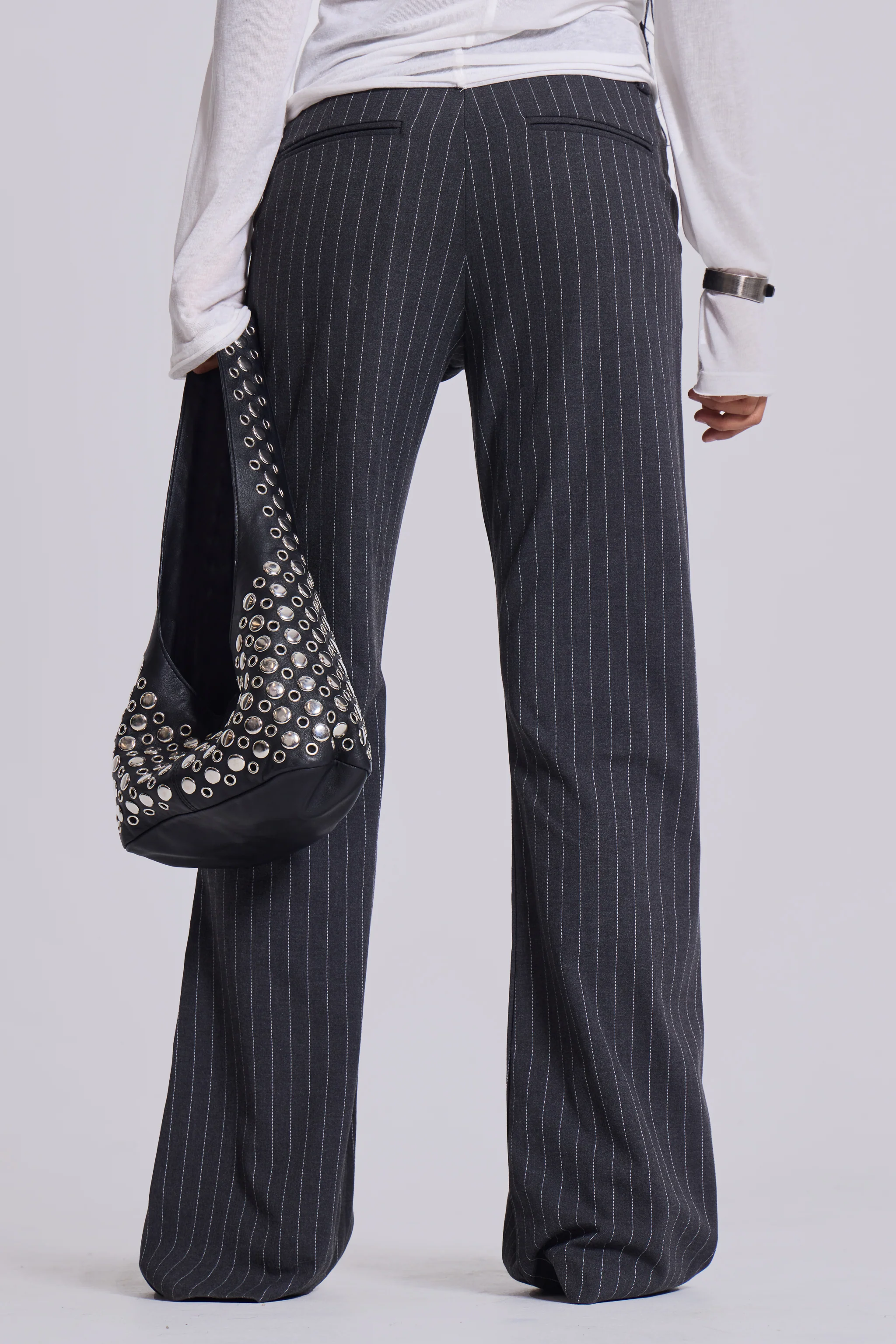 Grey Pinstripe Stacked Bootcut Suit Pants - Image 3