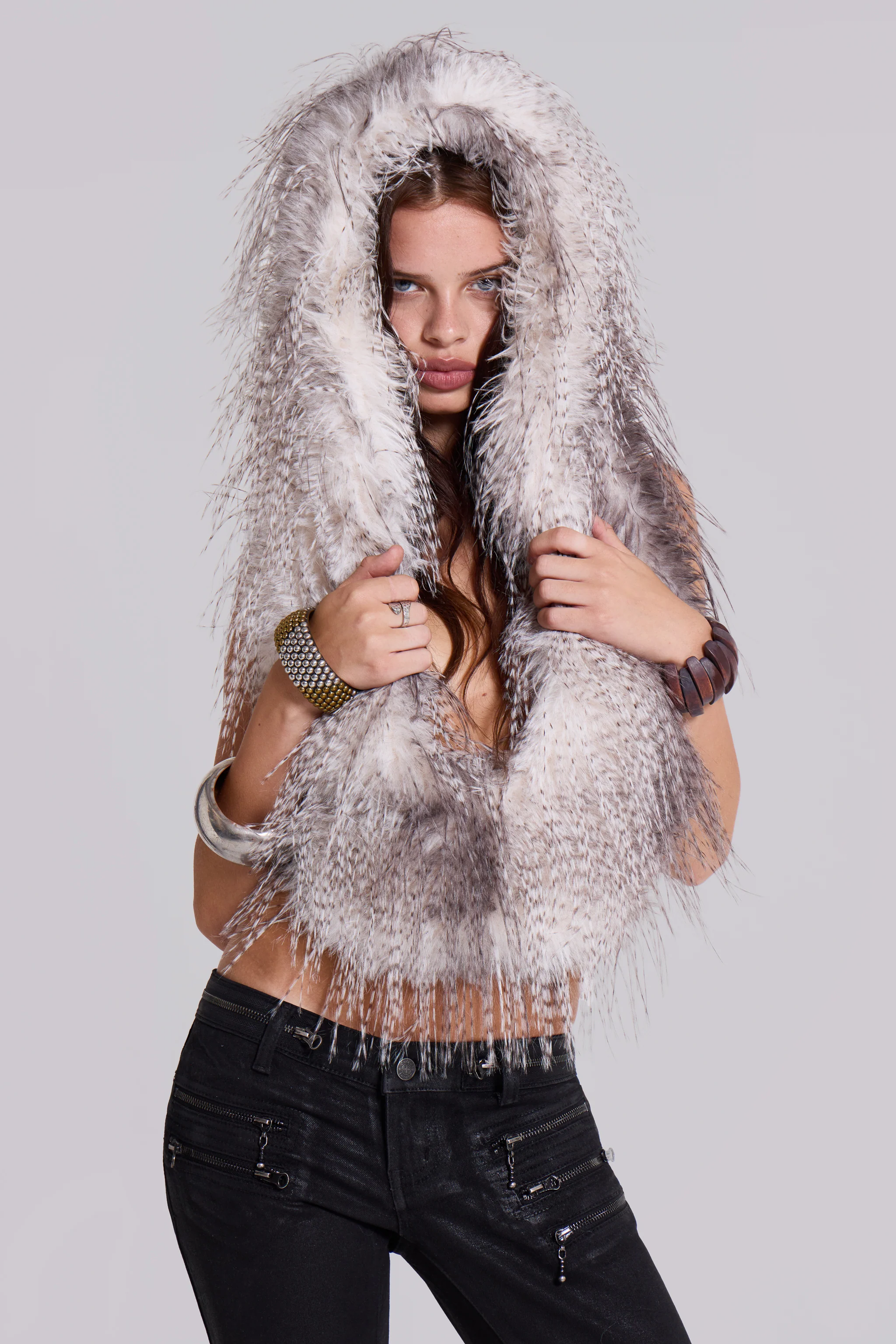 Haka Faux Feather Fur Backless Top - Image 6