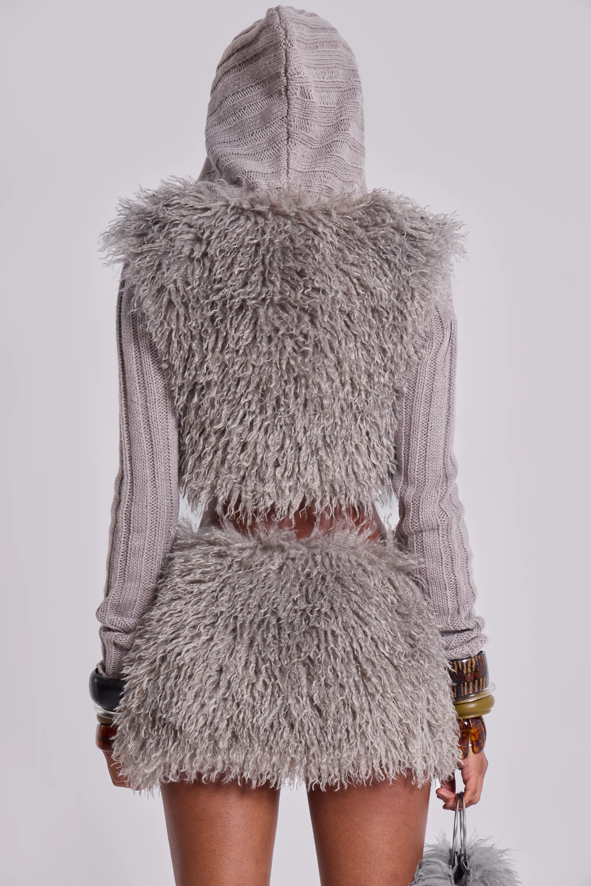 Haka Mongolian Faux Fur Knit Shrug in Grey - Image 4