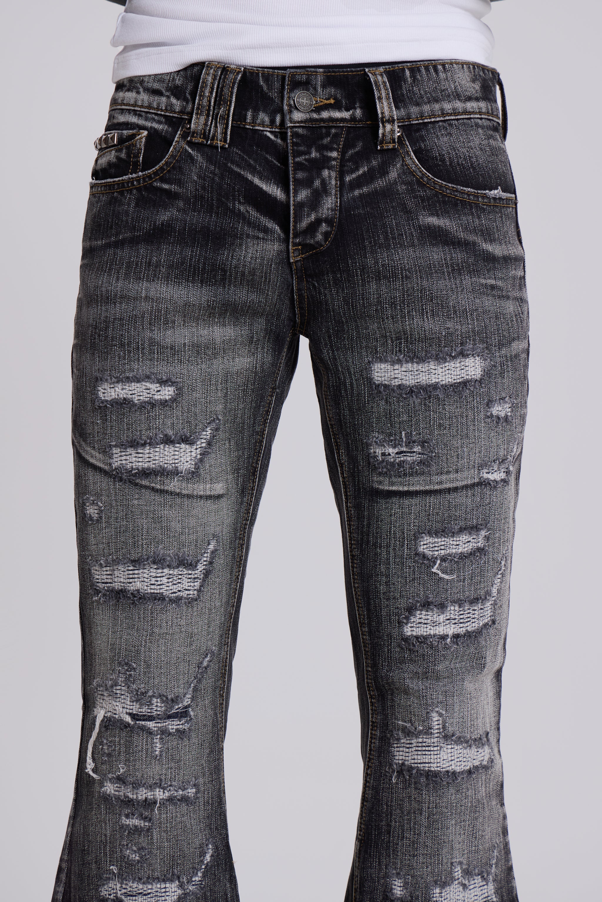 Washed Black Laced Flared Jeans - Image 10