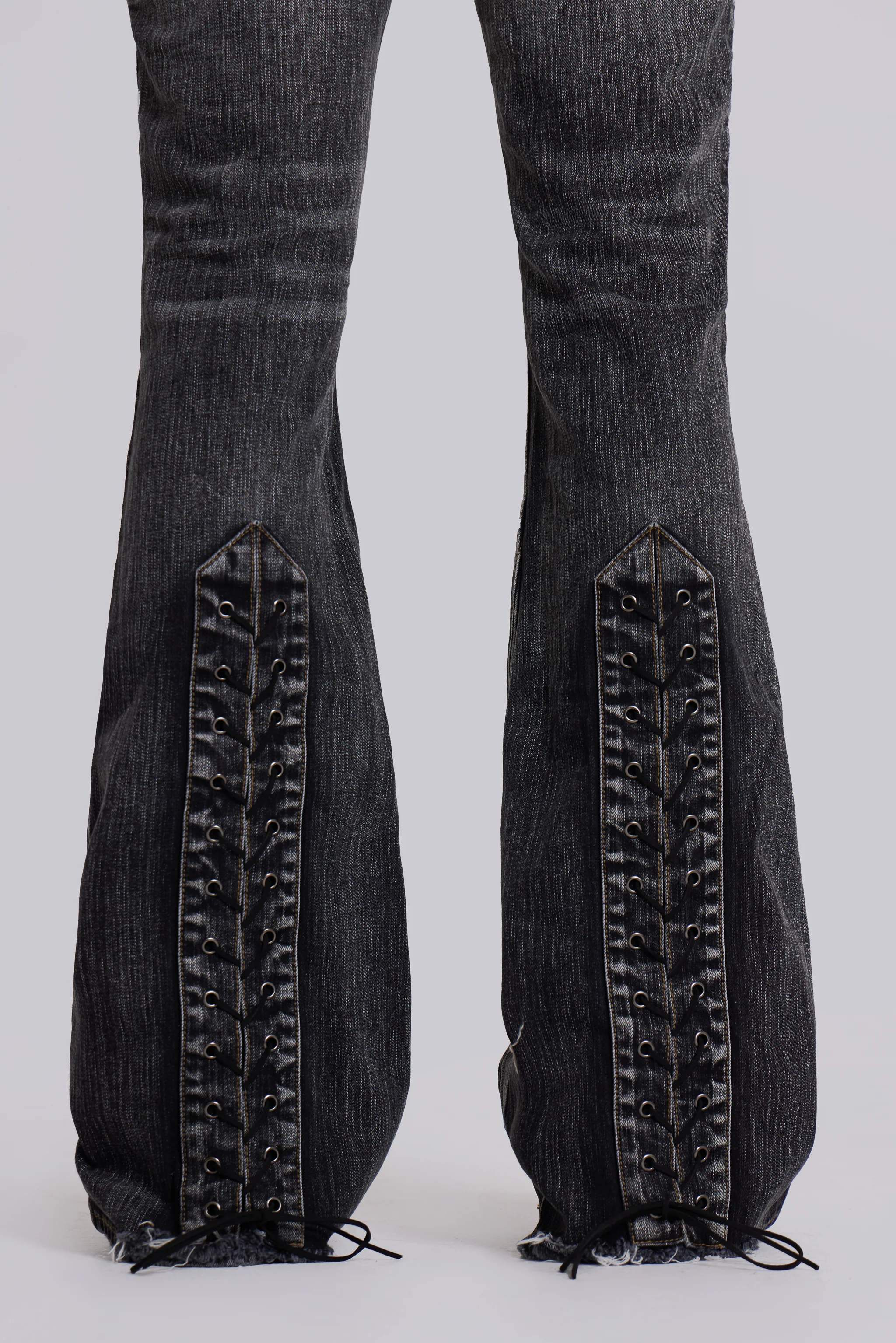 Washed Black Laced Flared Jeans - Image 2