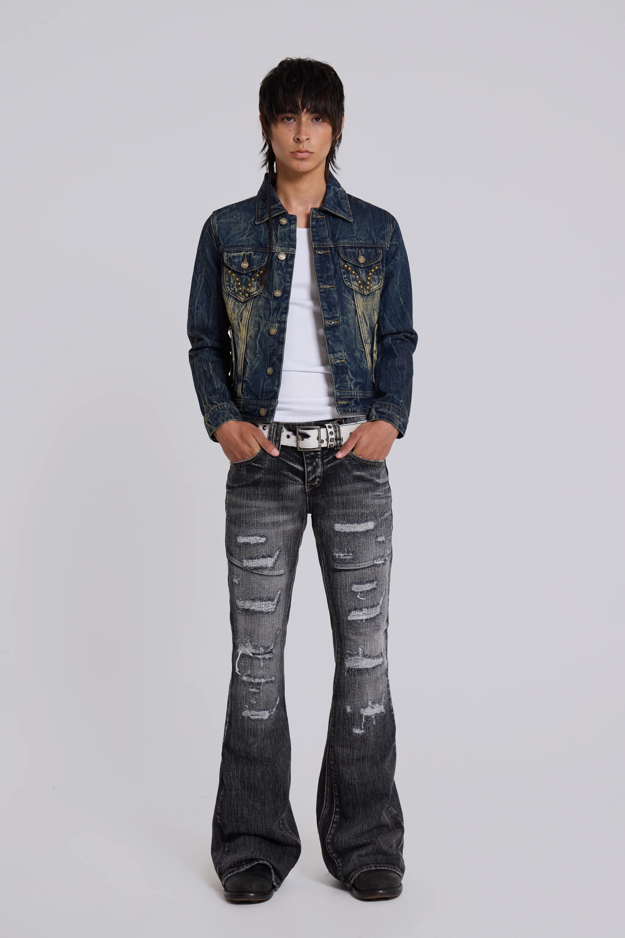 Washed Black Laced Flared Jeans - Image 7