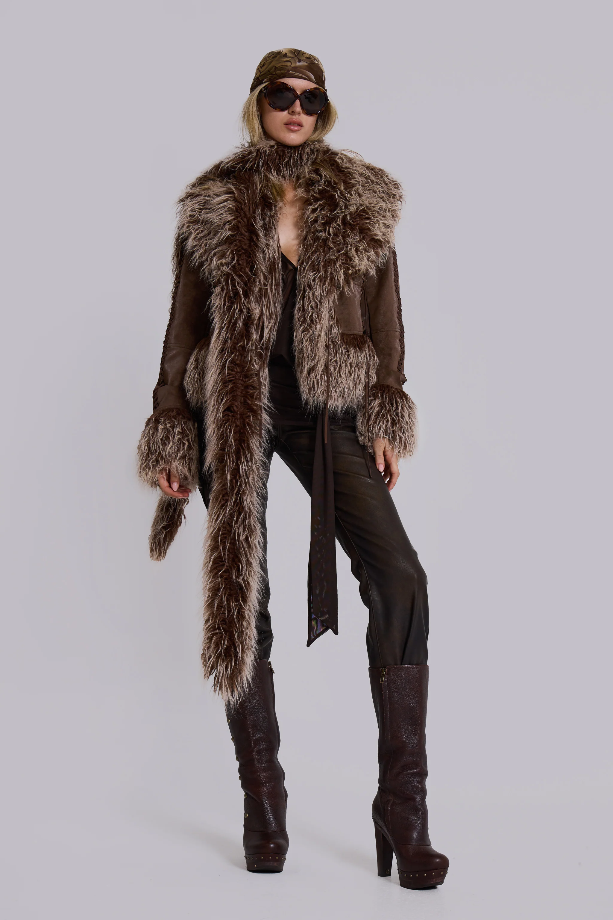 Leonie Faux Mongolian Fur Scarf in Brown - Image 2