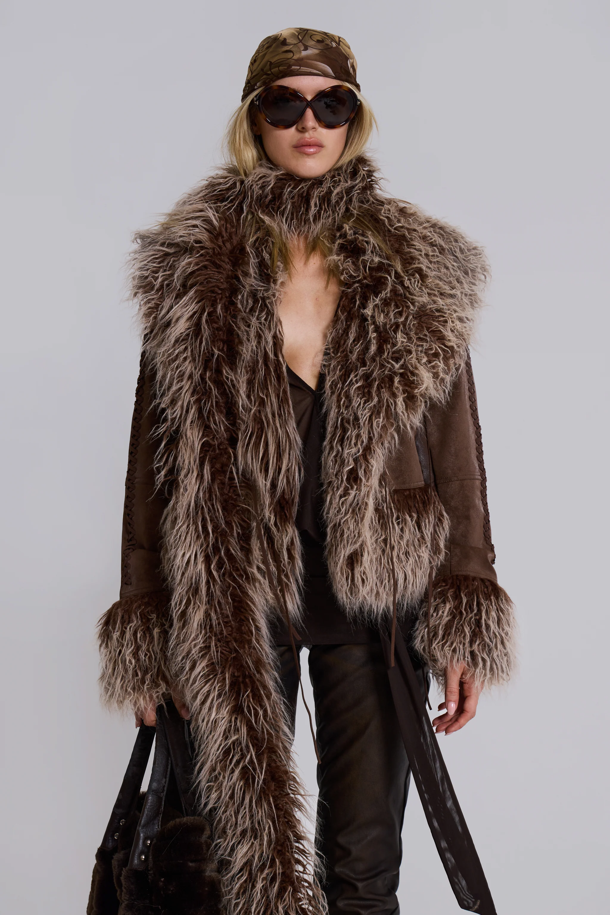 Leonie Faux Mongolian Fur Trim Coat in Brown - Image 6