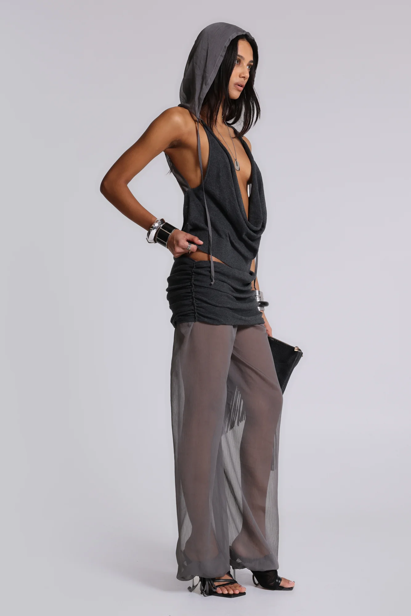 Lurien Backless Hooded Chiffon Knit Top - Image 3