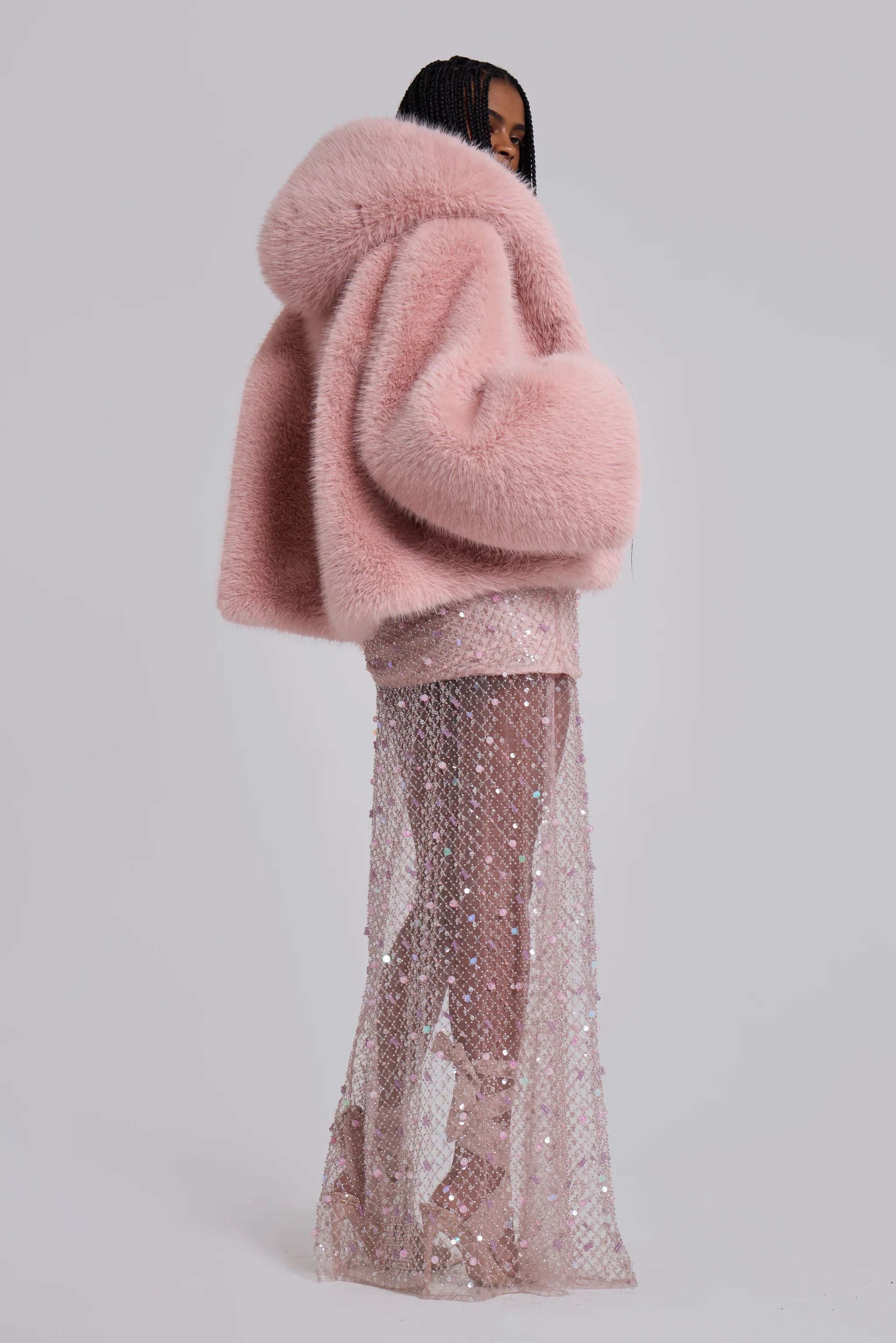 Mara Oversized Faux Fur Coat in Pink - Image 5