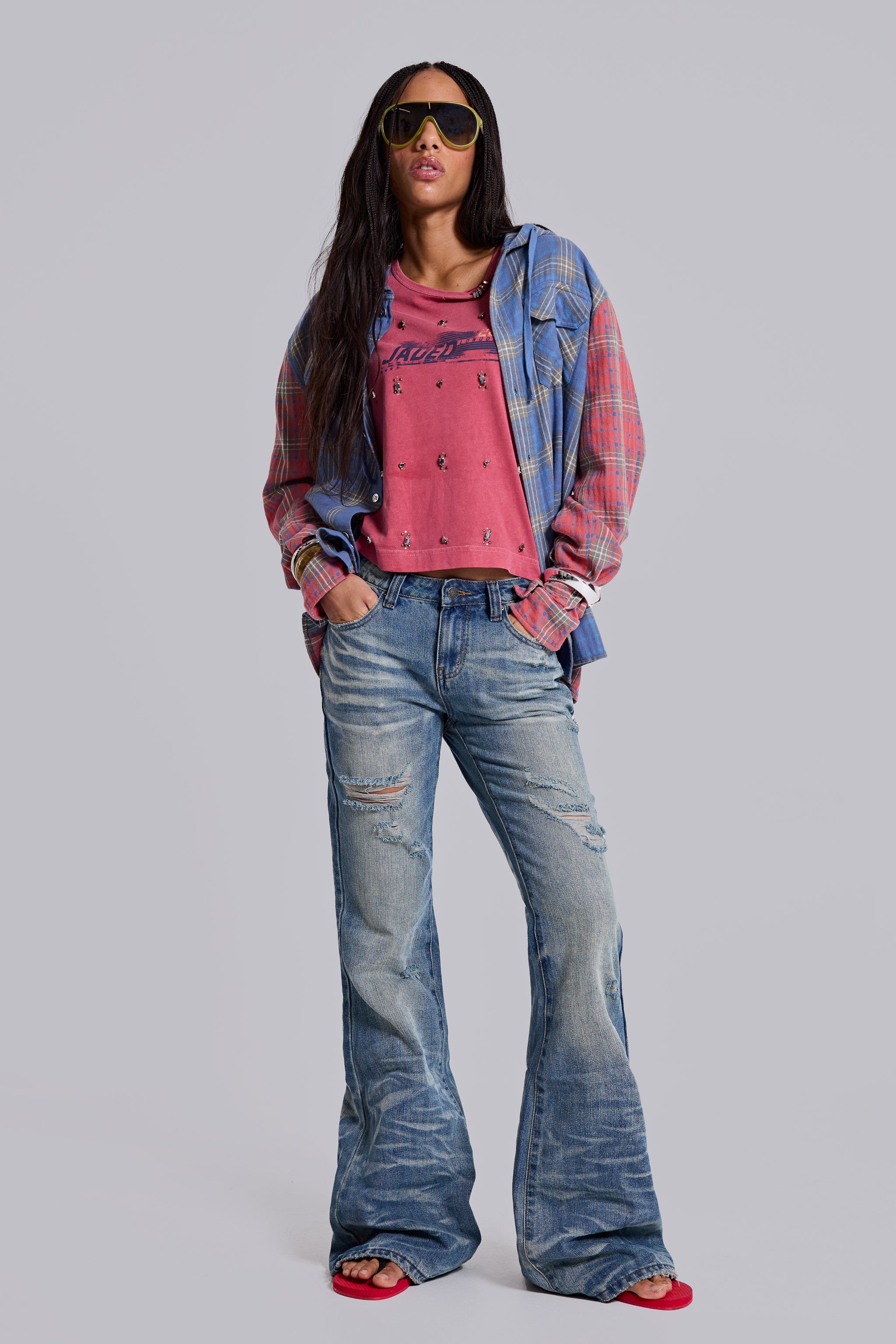 Mid Blue Distressed Creased Drift Flared Jeans - Image 5
