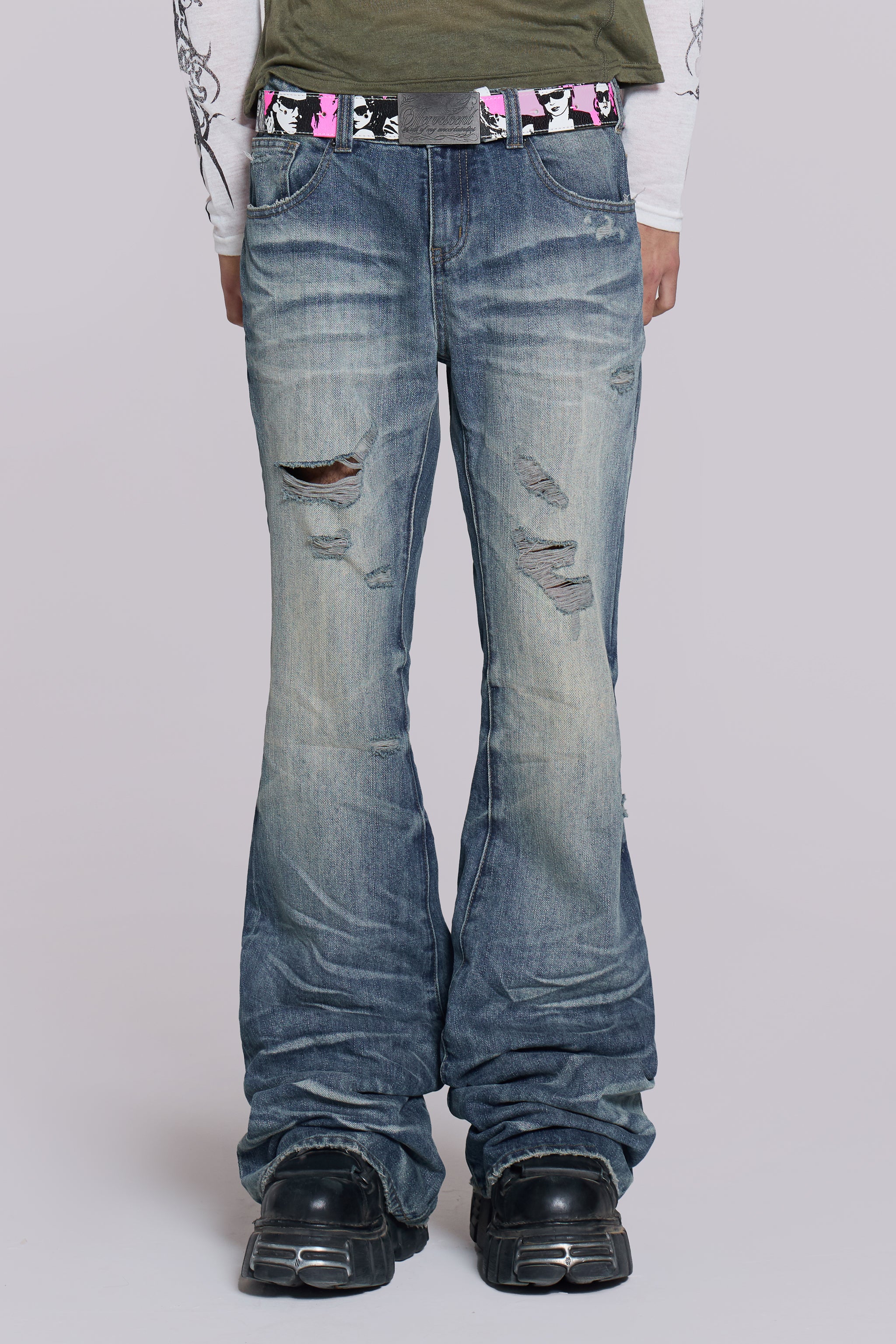 Mid Blue Distressed Creased Drift Bootcut Jeans