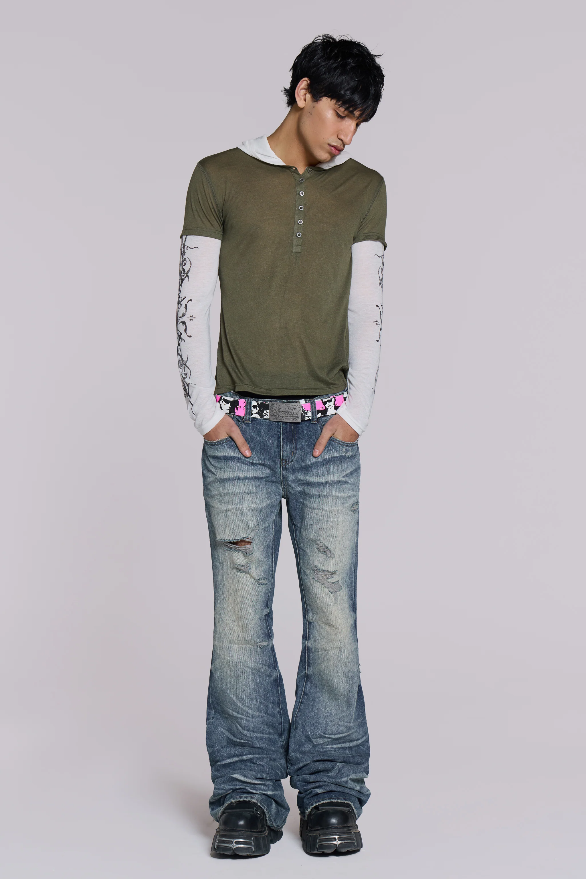 Mid Blue Distressed Creased Drift Bootcut Jeans - Image 3