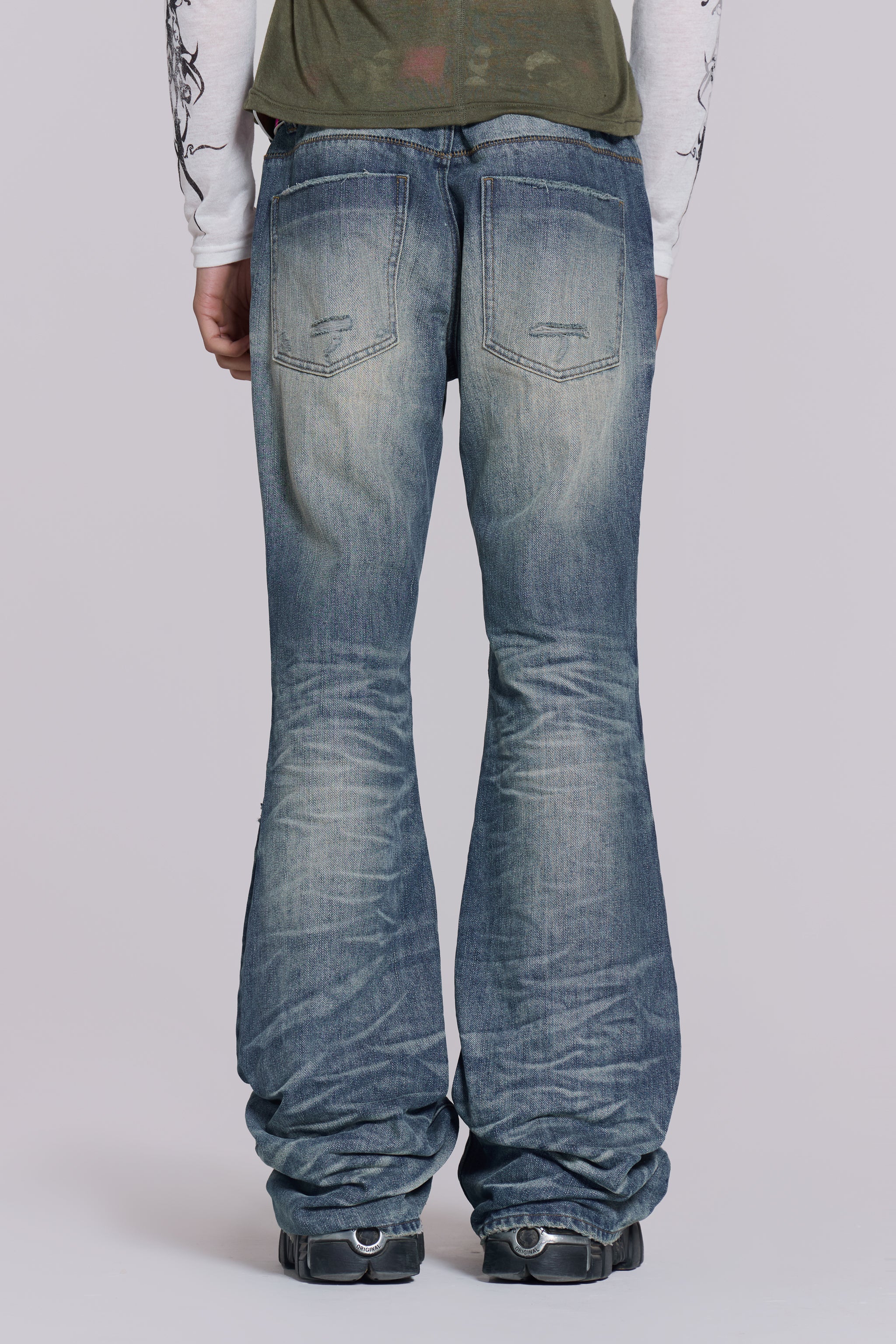 Mid Blue Distressed Creased Drift Bootcut Jeans - Image 4