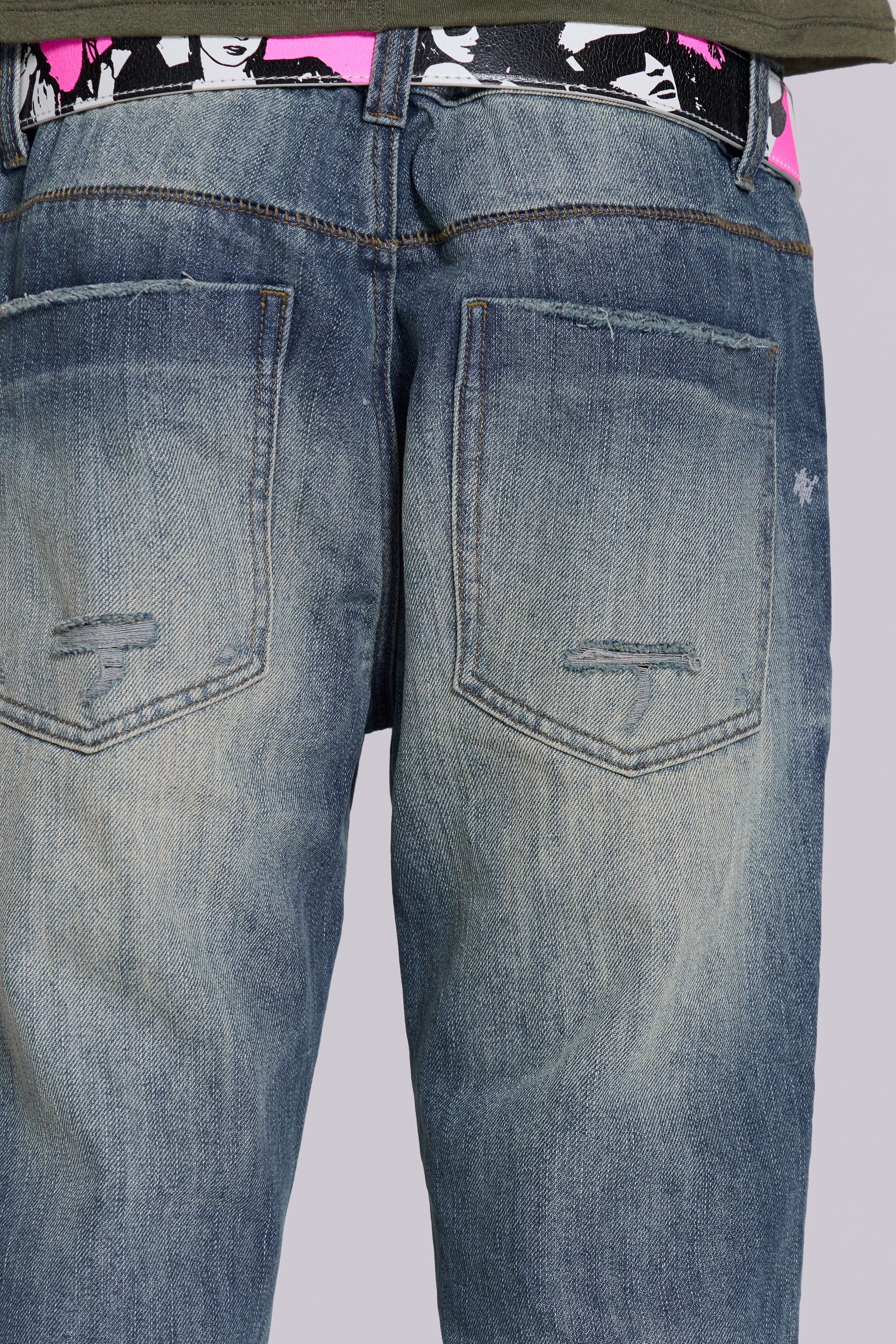 Mid Blue Distressed Creased Drift Bootcut Jeans - Image 7