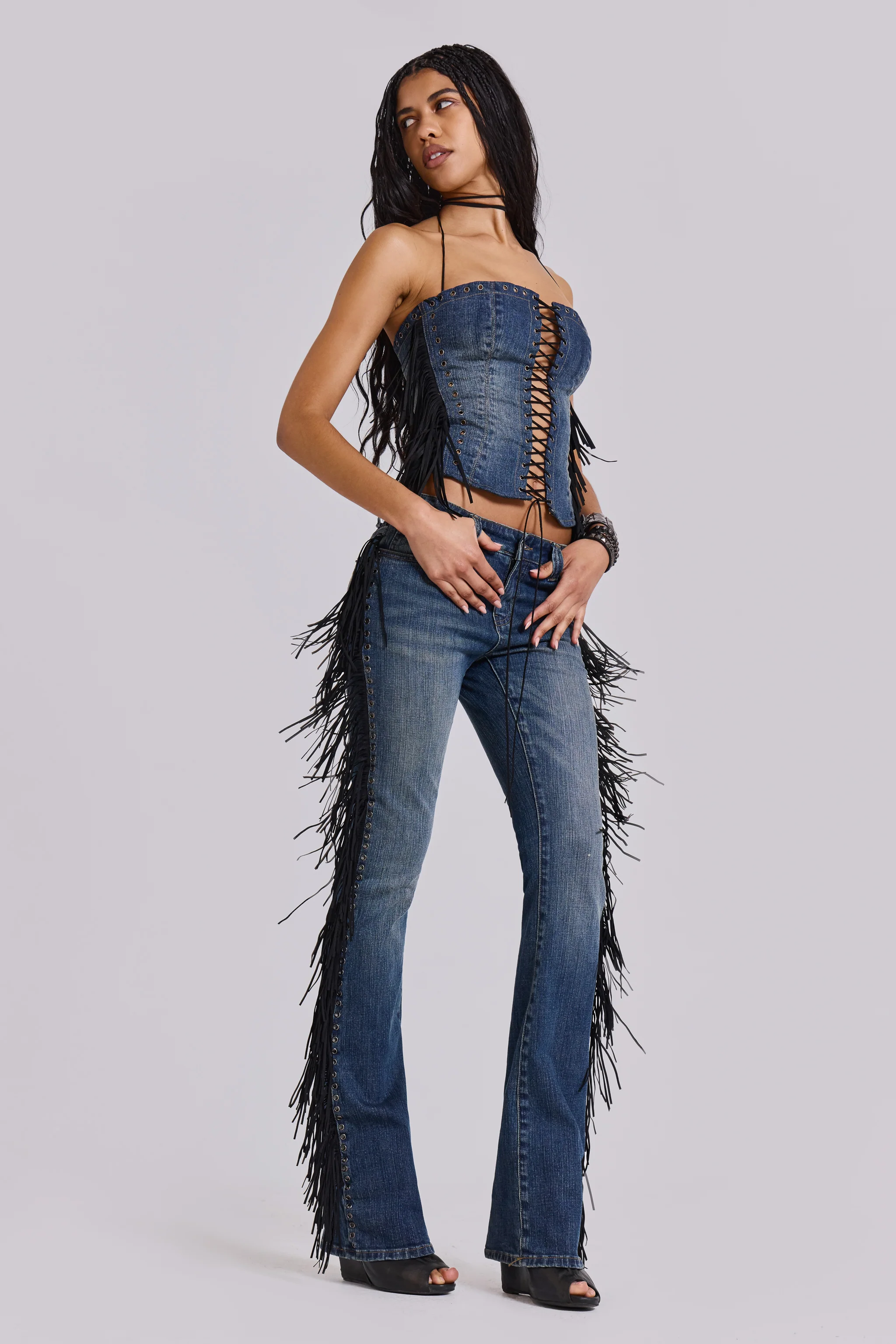 Odile Denim Fringe Lace Up Corset - Image 11