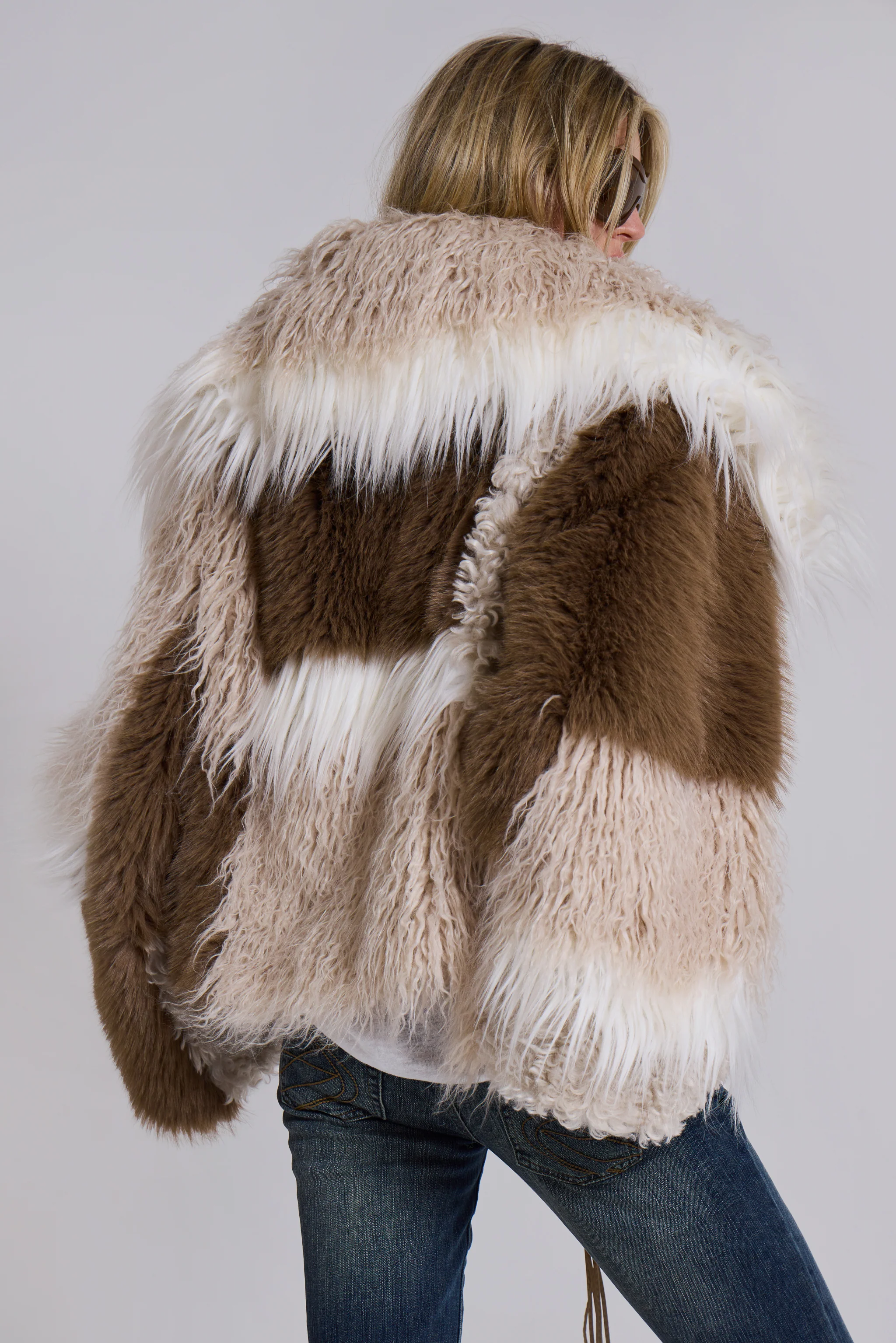 Oksana Patchwork Faux Fur Coat in Beige - Image 8