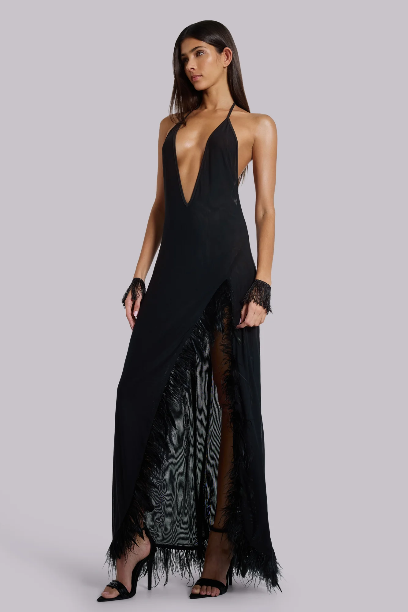 Ravenna Backless Halter Maxi Dress with Feathers - Image 12