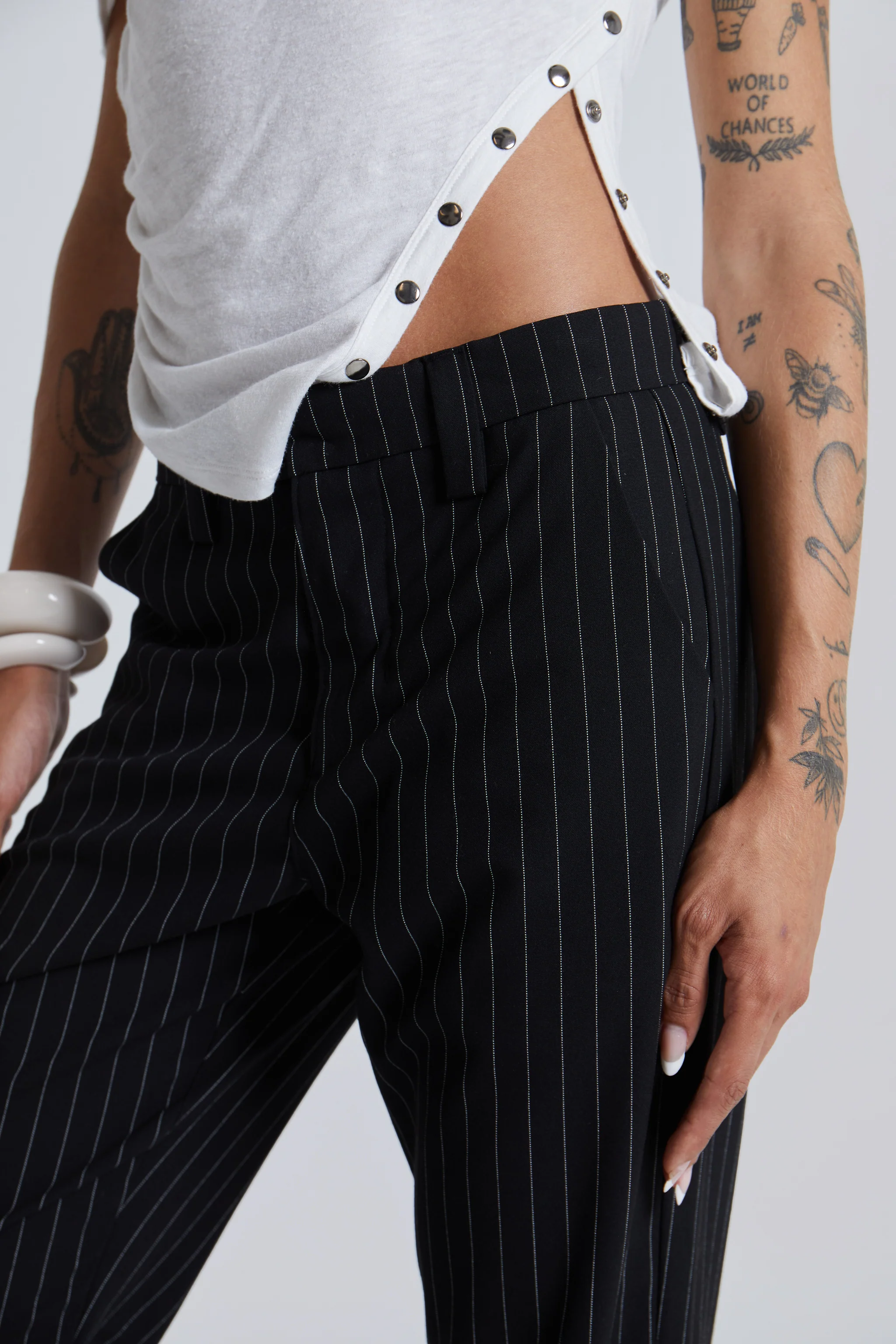 Black Pinstripe Stacked Bootcut Suit Pants - Image 5