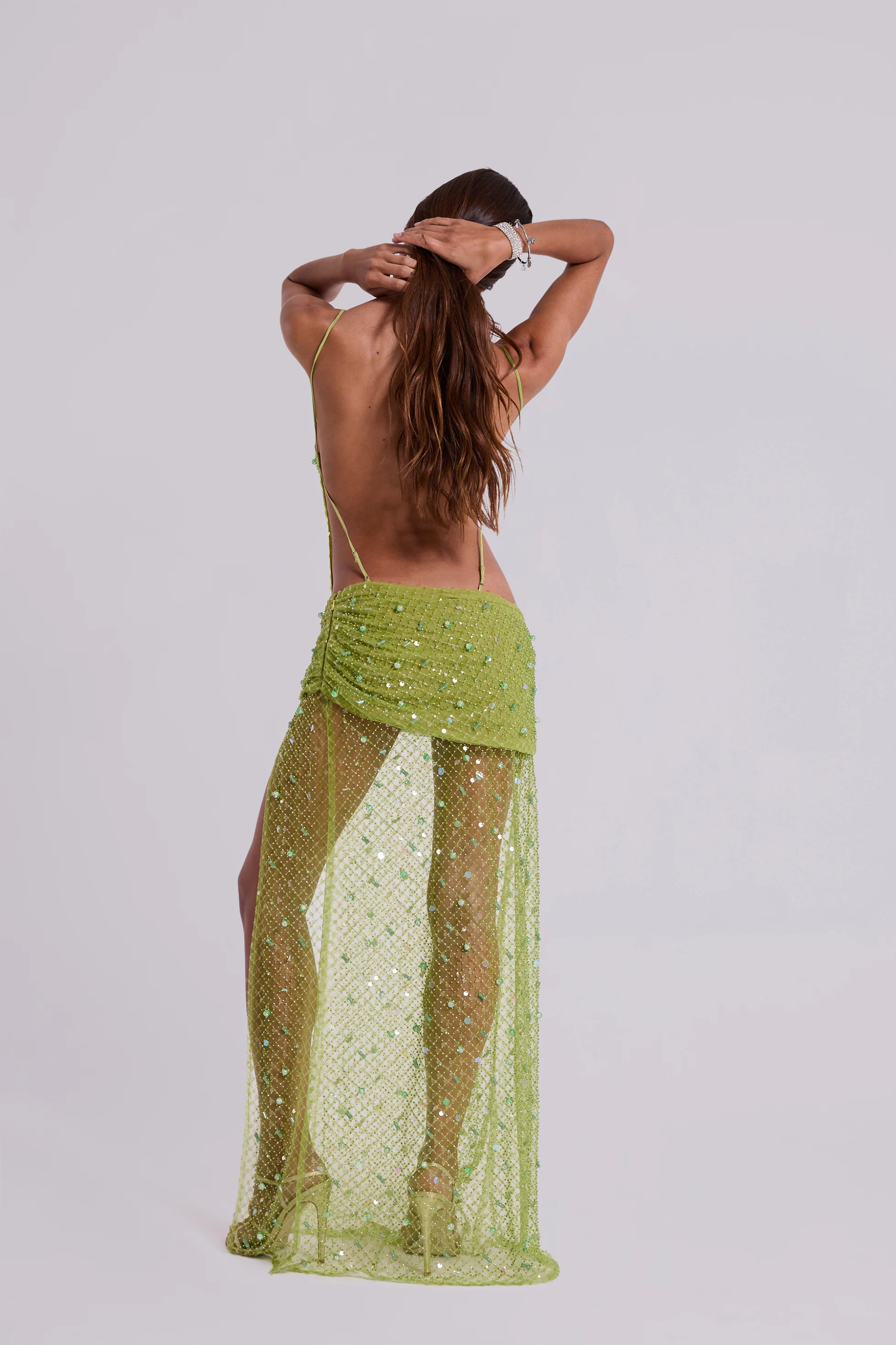 Stellar Asymmetric Hand Beaded Maxi Dress in Lime - Image 11