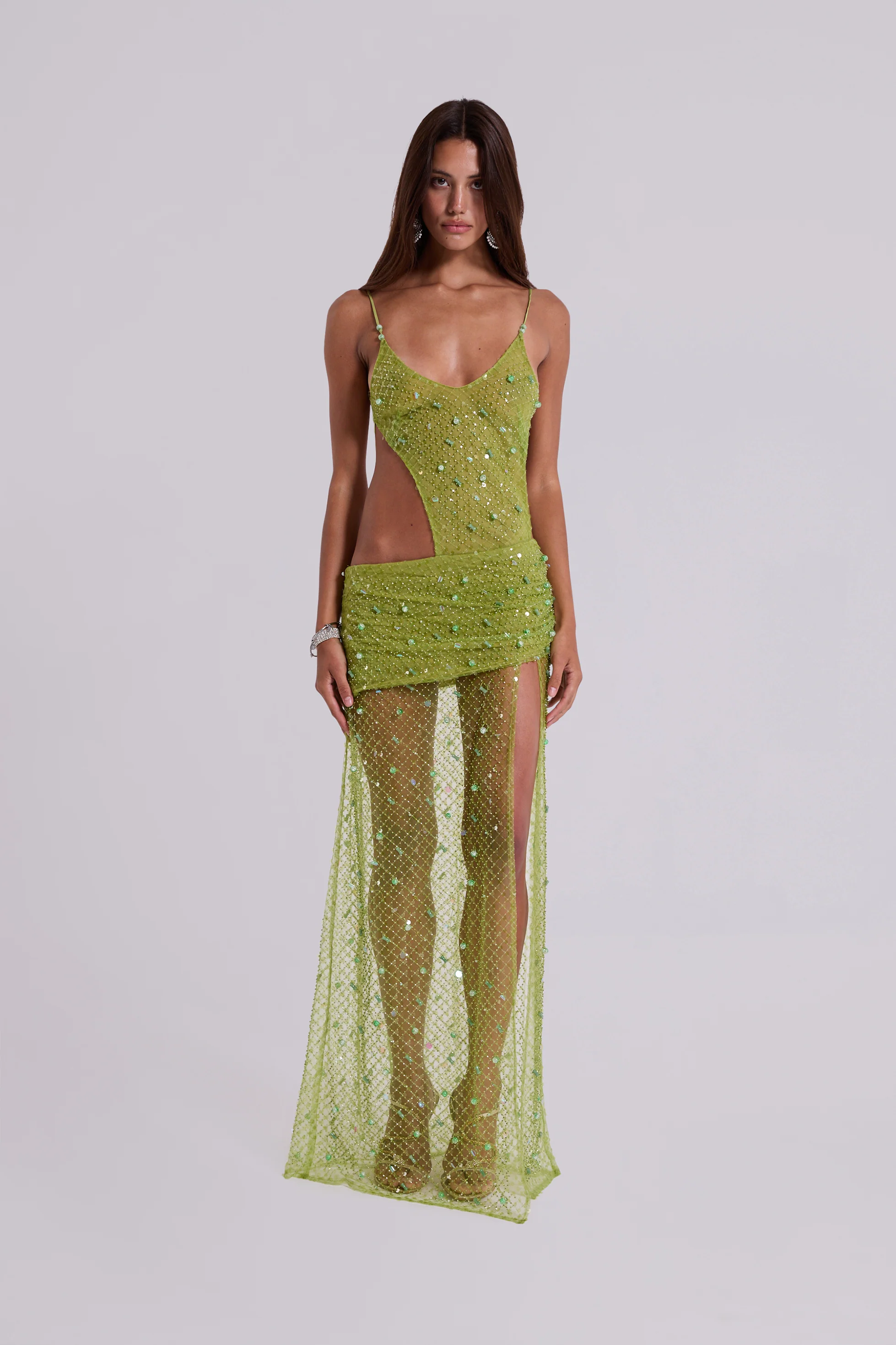Stellar Asymmetric Hand Beaded Maxi Dress in Lime - Image 12