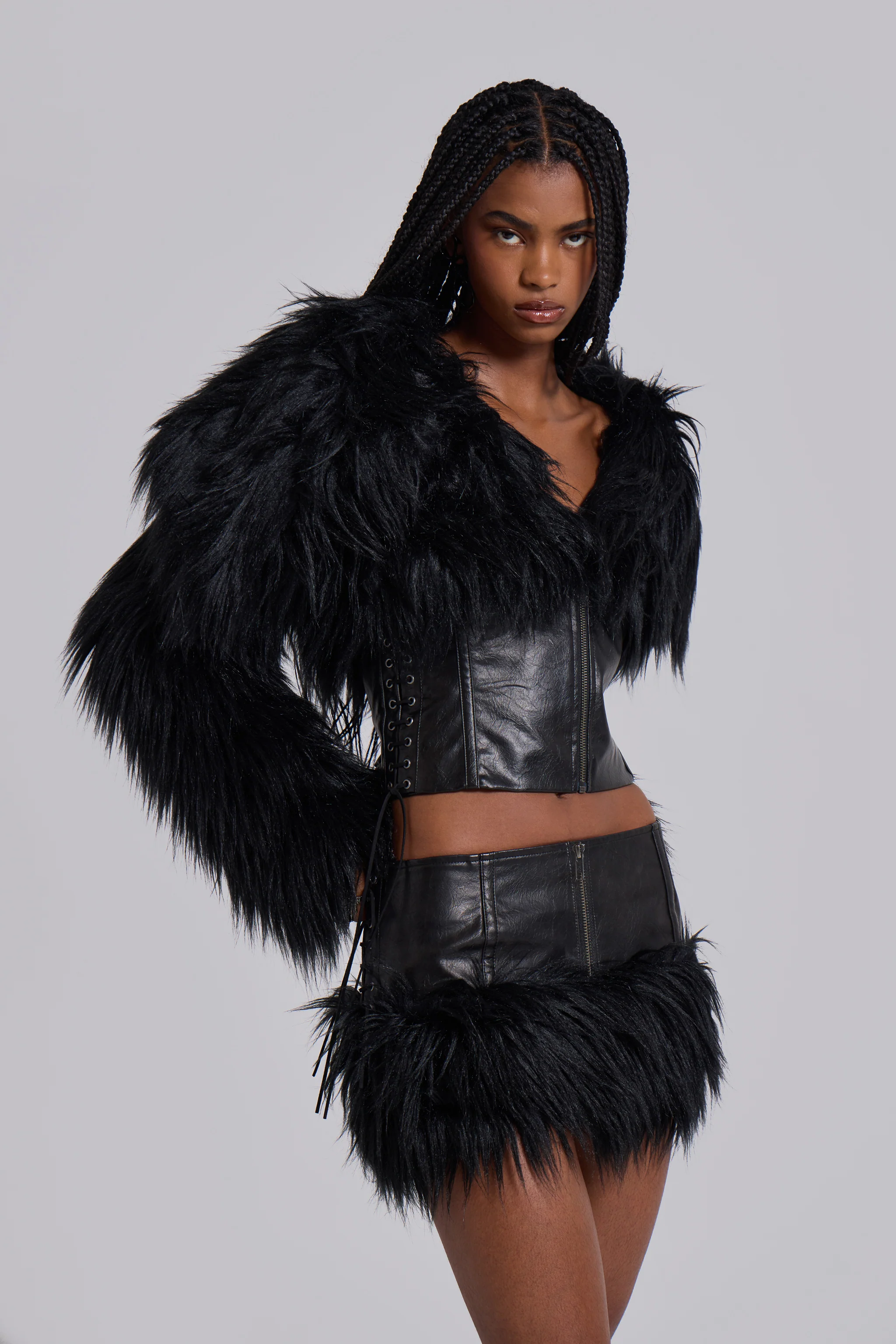 Viera Faux Fur and Leather Mini Skirt - Image 3