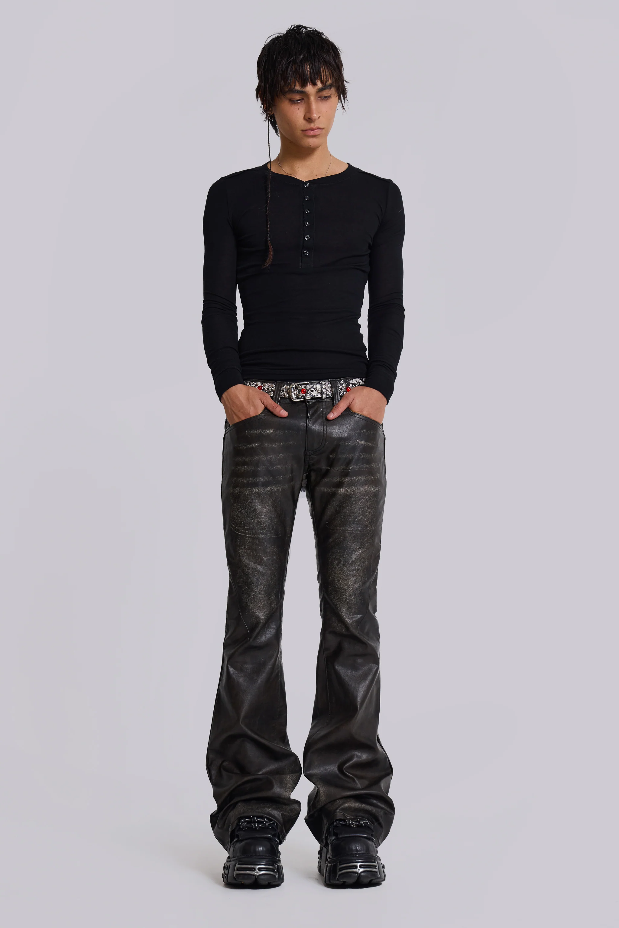 Washed Black PU Drift Bootcut Jeans - Image 3