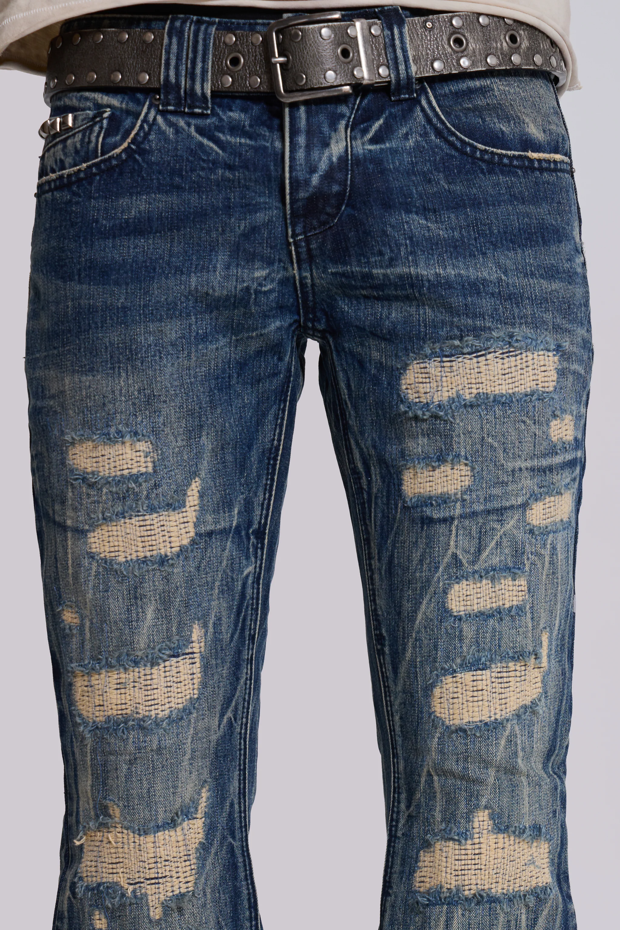 Washed Blue Laced Flared Jeans - Image 8