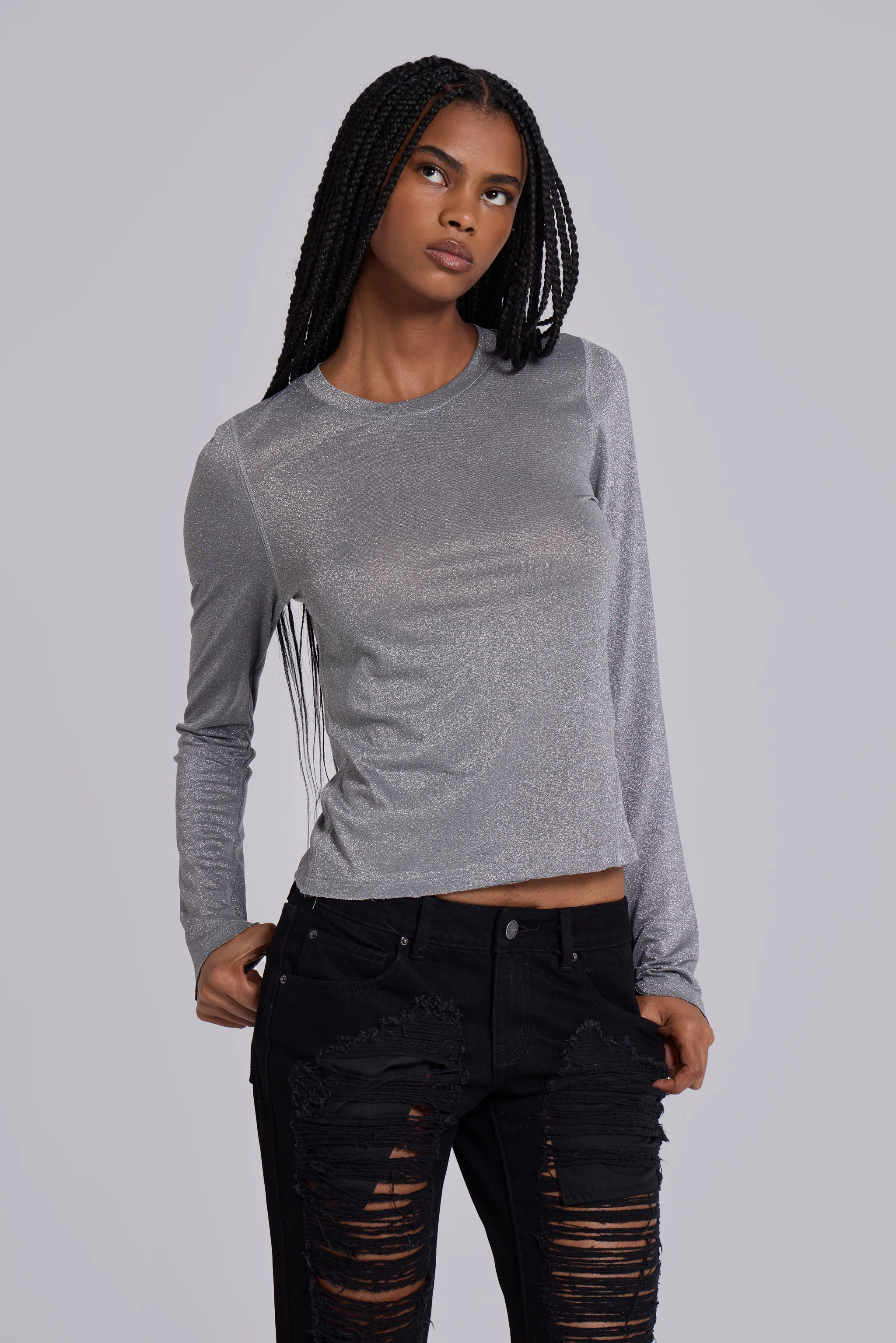 Xeni Glitter Long Sleeve Top in Silver - Image 3