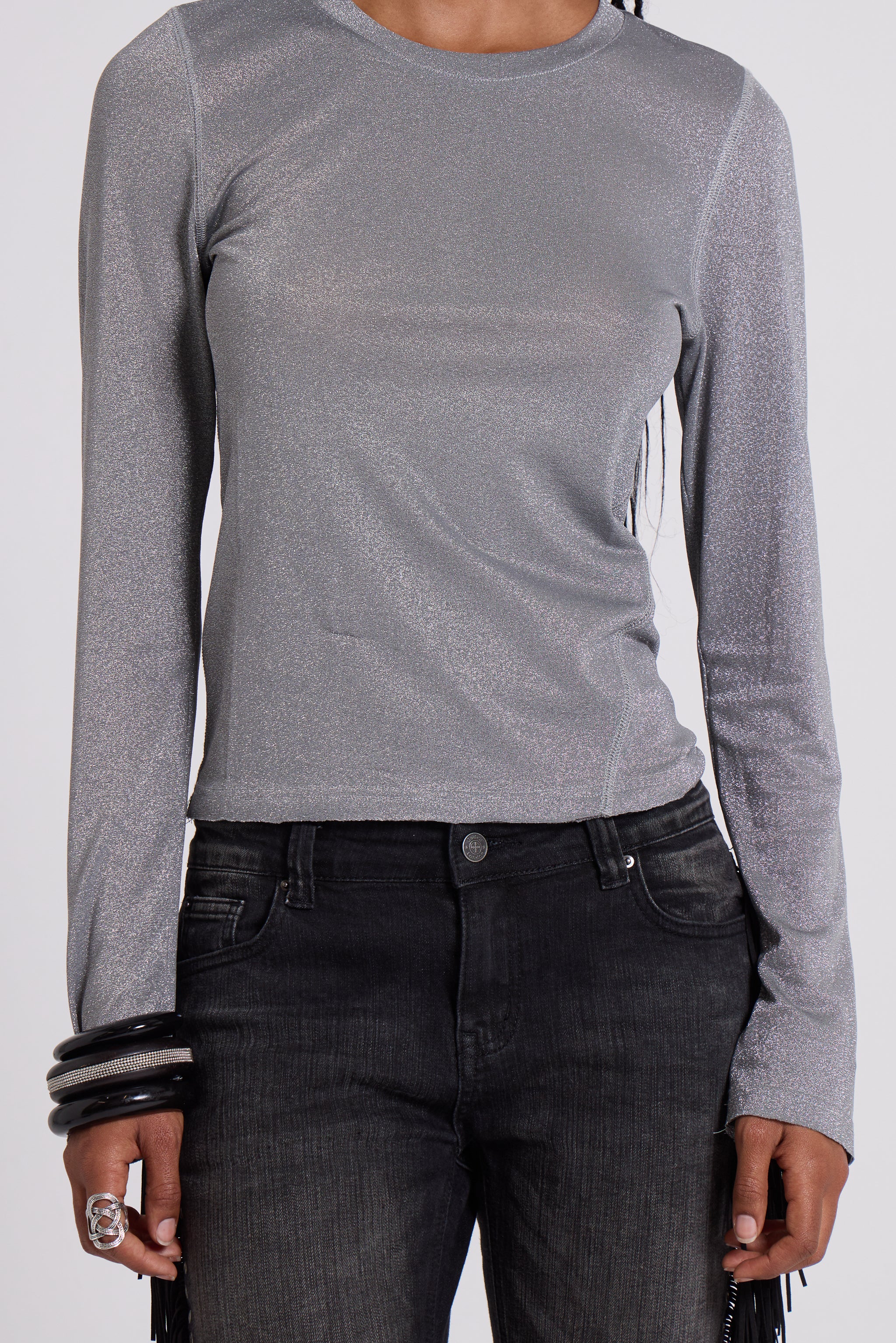 Xeni Glitter Long Sleeve Top in Silver - Image 4