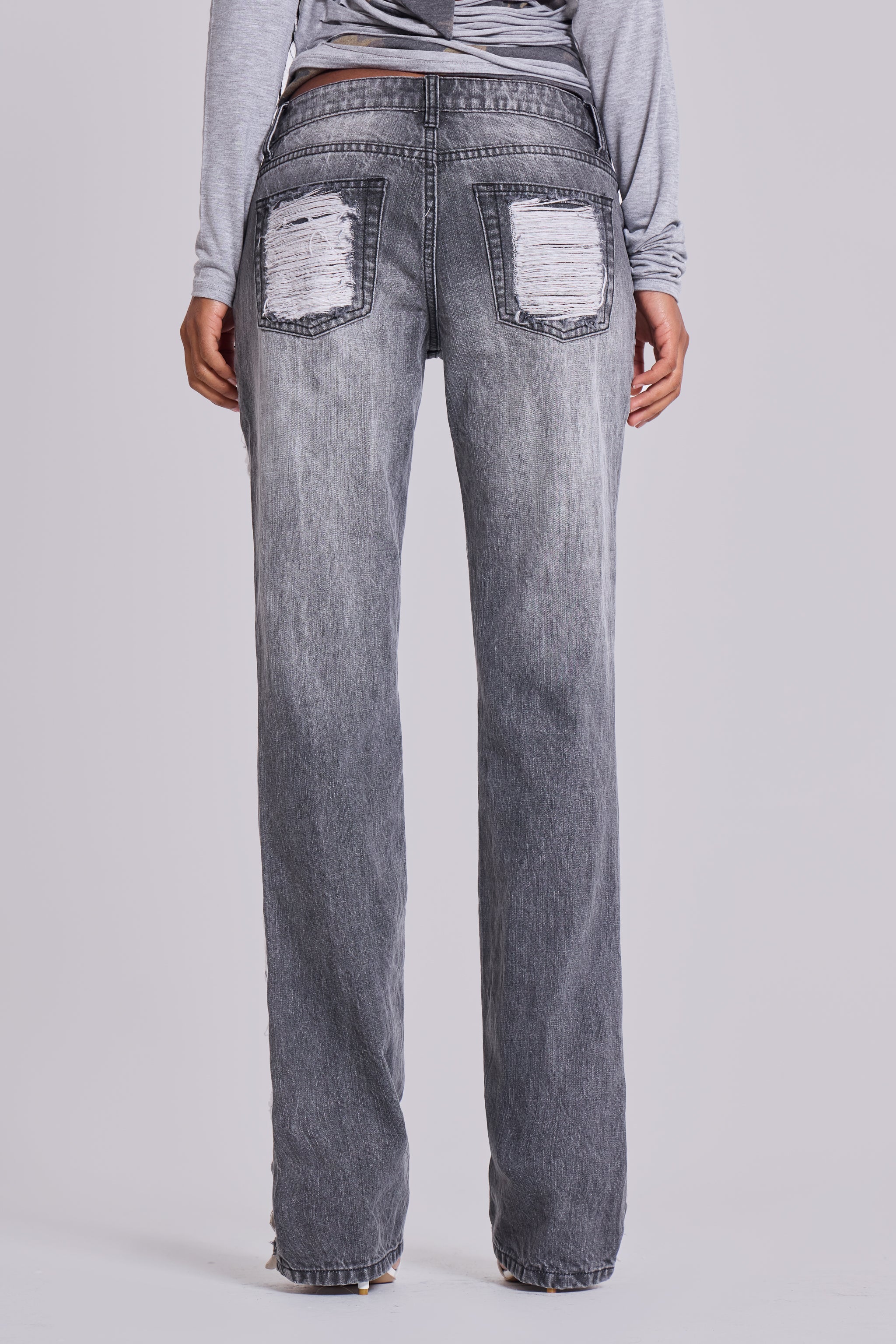 Zain Shredded Bootcut Jeans in Grey - Image 3